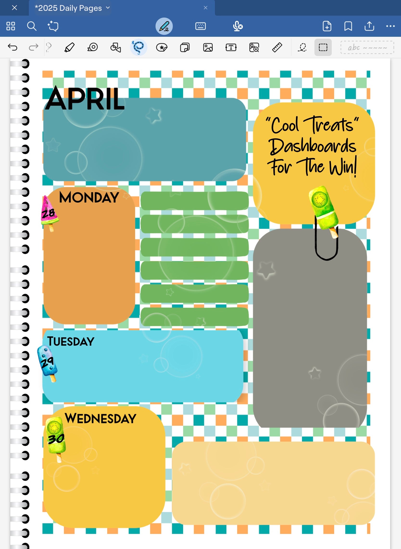 Goodnotes spread using a dashboard and cool treats ice cream date dots. 