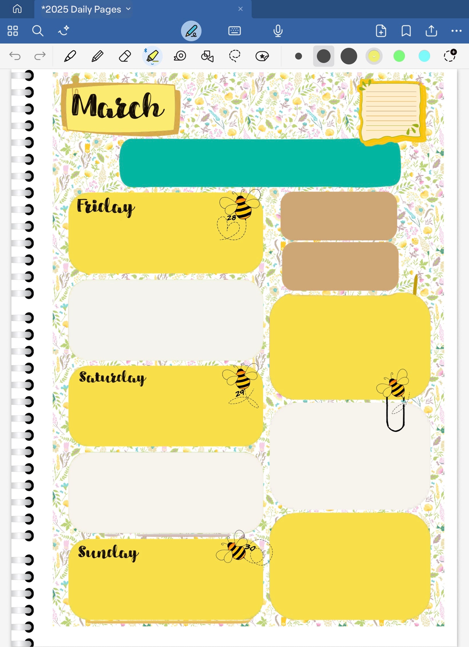 Goodnotes daily planner spread with yellow and blue sections on a patterned background busy bee date dots.