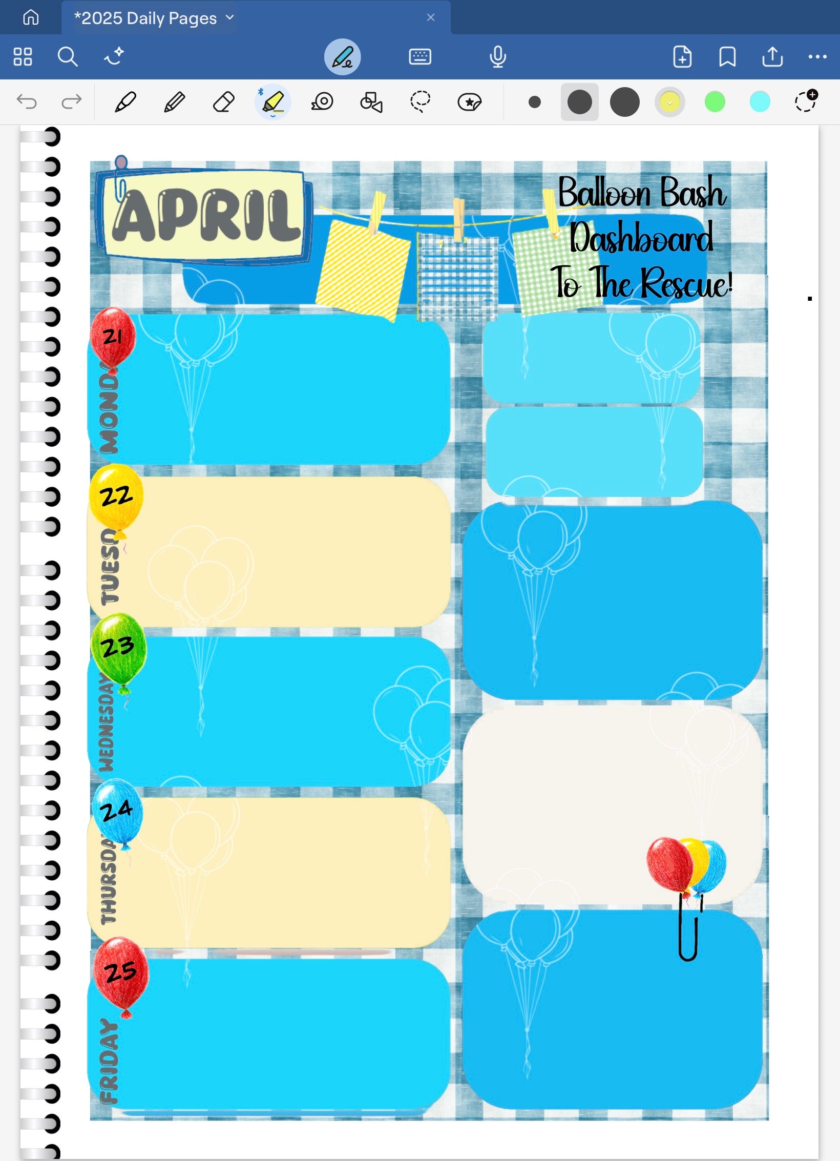 Goodnotes planner spread with blue and yellow design elements on a digital platform. Colorful balloons