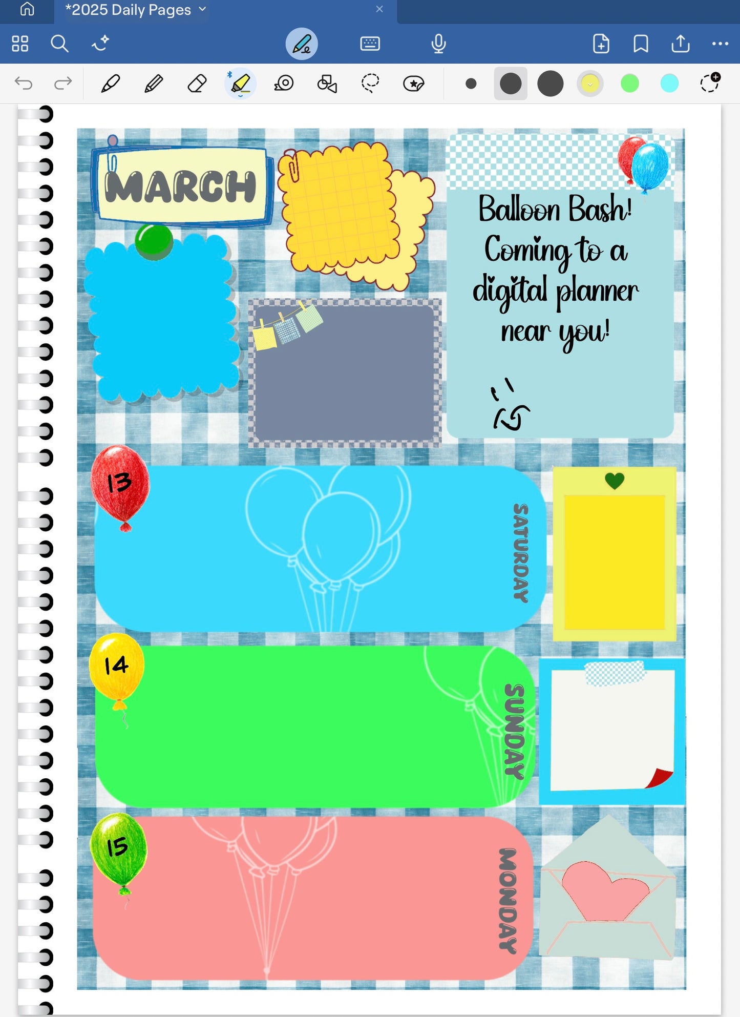 Goodnotes Digital planner page  spread with colorful balloons and text on a blue background