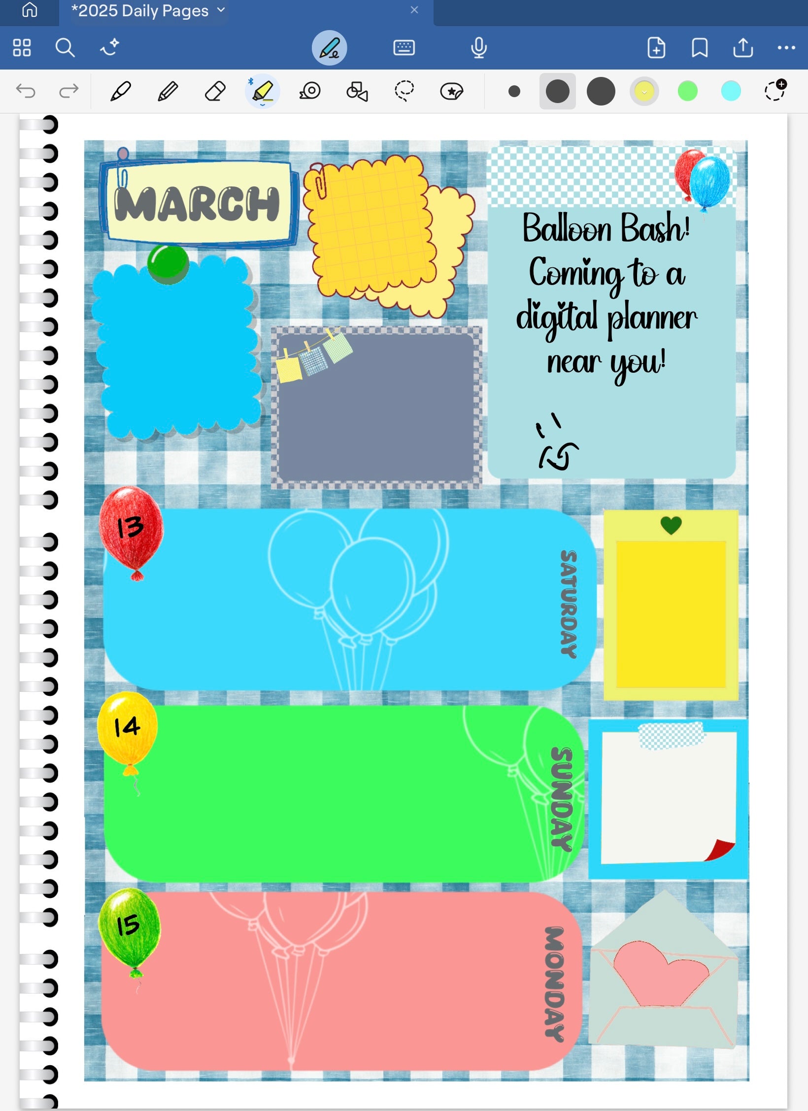 Goodnotes Digital planner page  spread with colorful balloons and text on a blue background