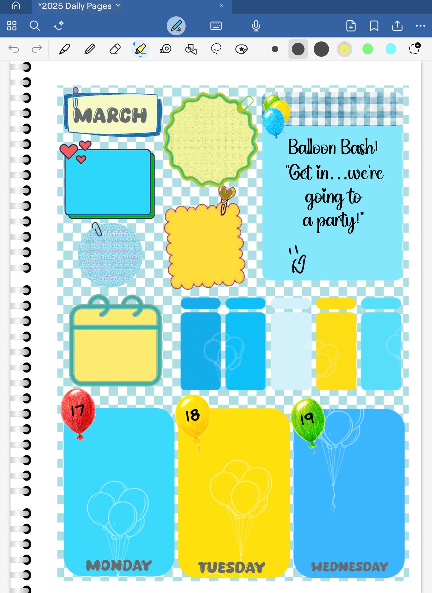 March-themed Goodnotes daily planner page with colorful graphics and text on a digital platform.