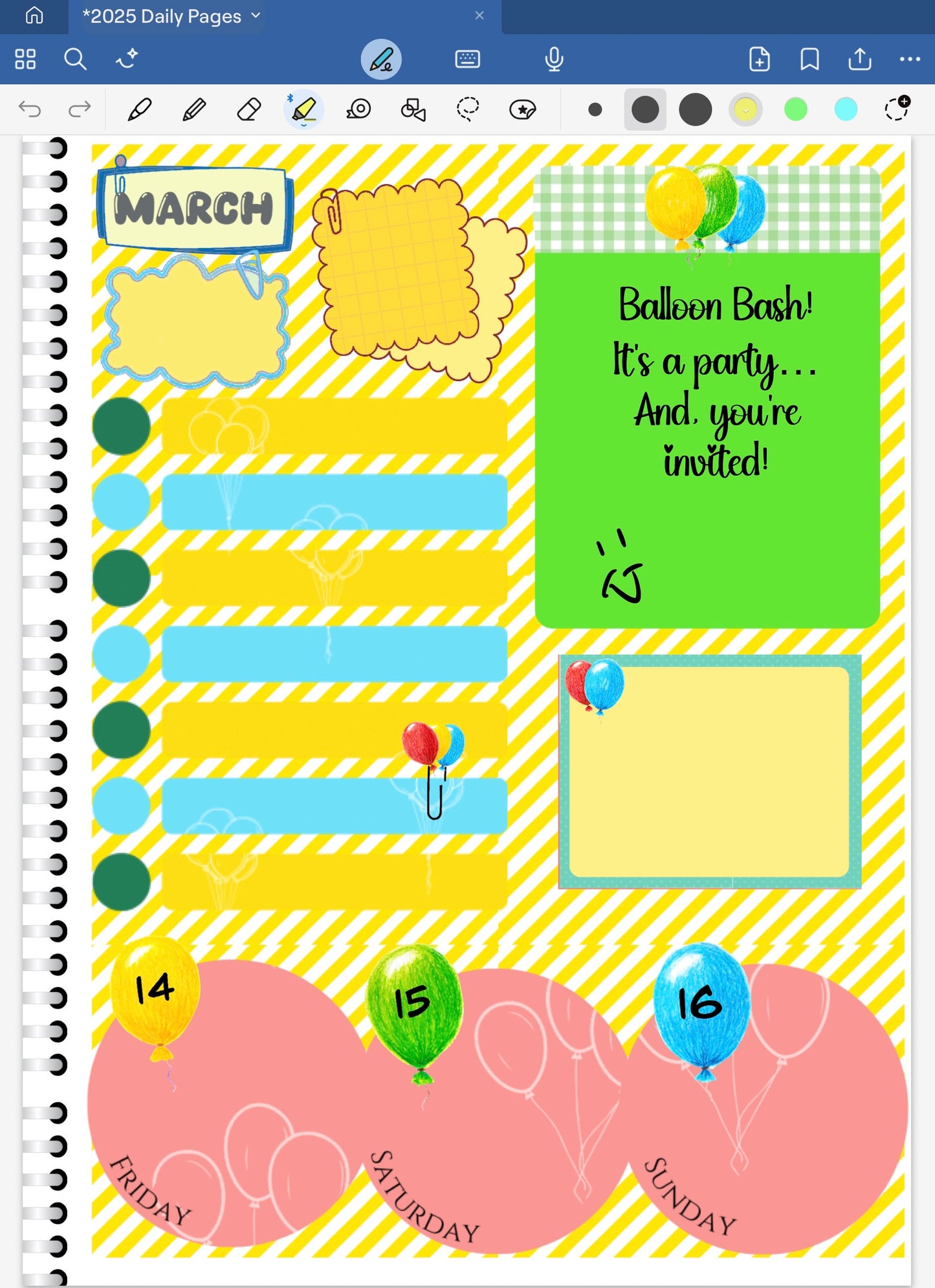 Goodnotes planner spread page with March events and balloons on a yellow and pink background