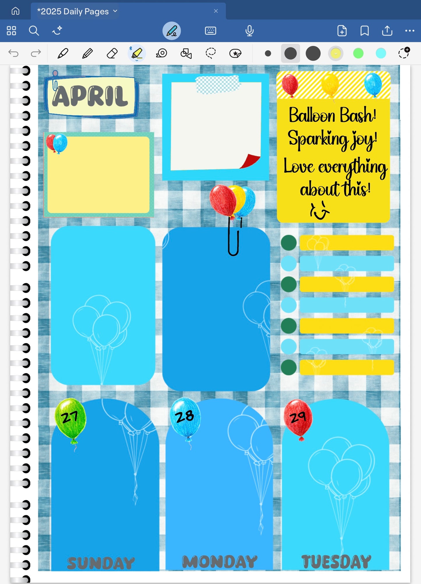 Sample Goodnotes Planner spread with colorful notes and balloons in a digital format.