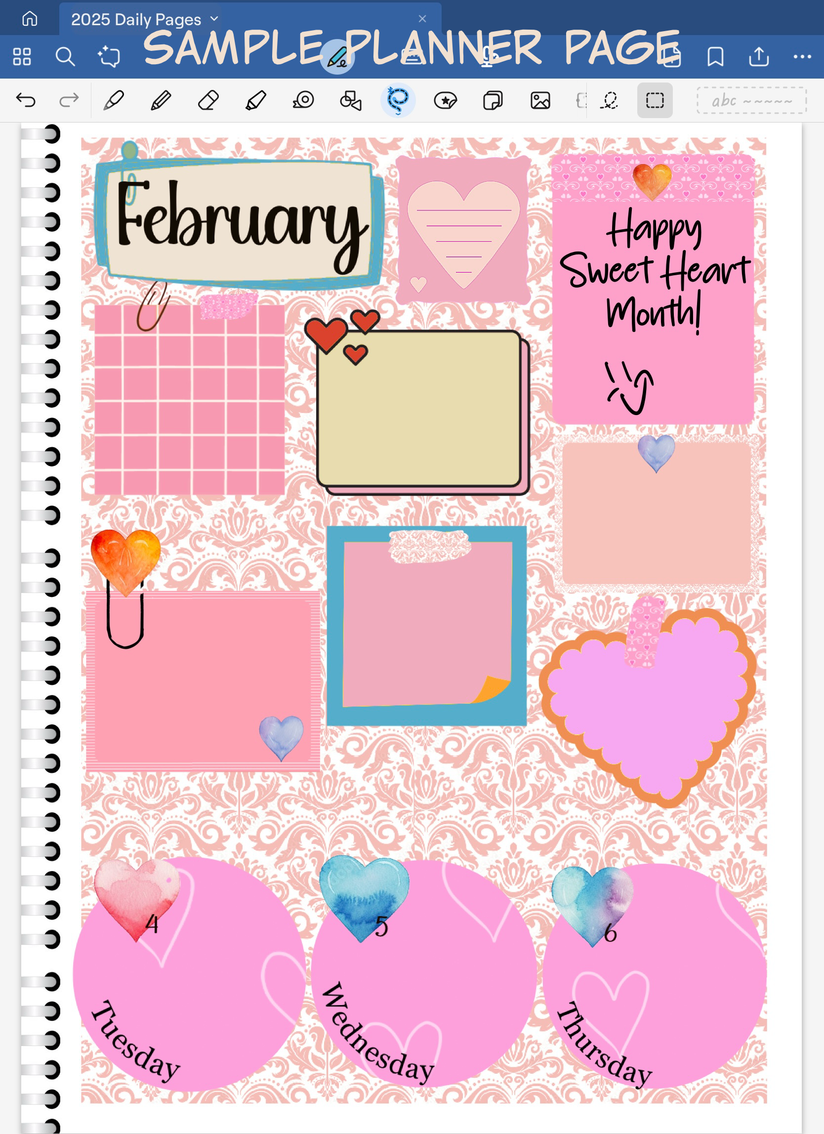 Goodnotes DIgital Planner Spread only using date dots, stickers and coordinated patterned paper from the Sweet Heart! Digital Stickers  Bundle.