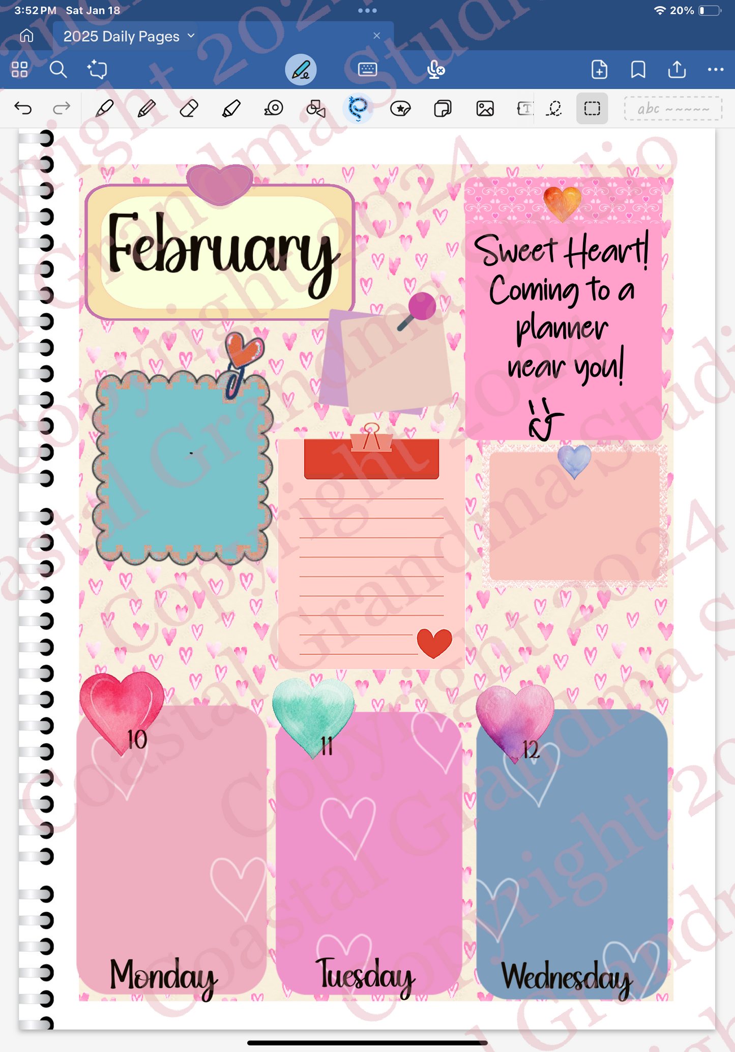 Goodnotes Digital Planner Spread only using date dots, stickers and coordinated patterned deco paper from th Sweet Heart Digital Sticker Bundle.