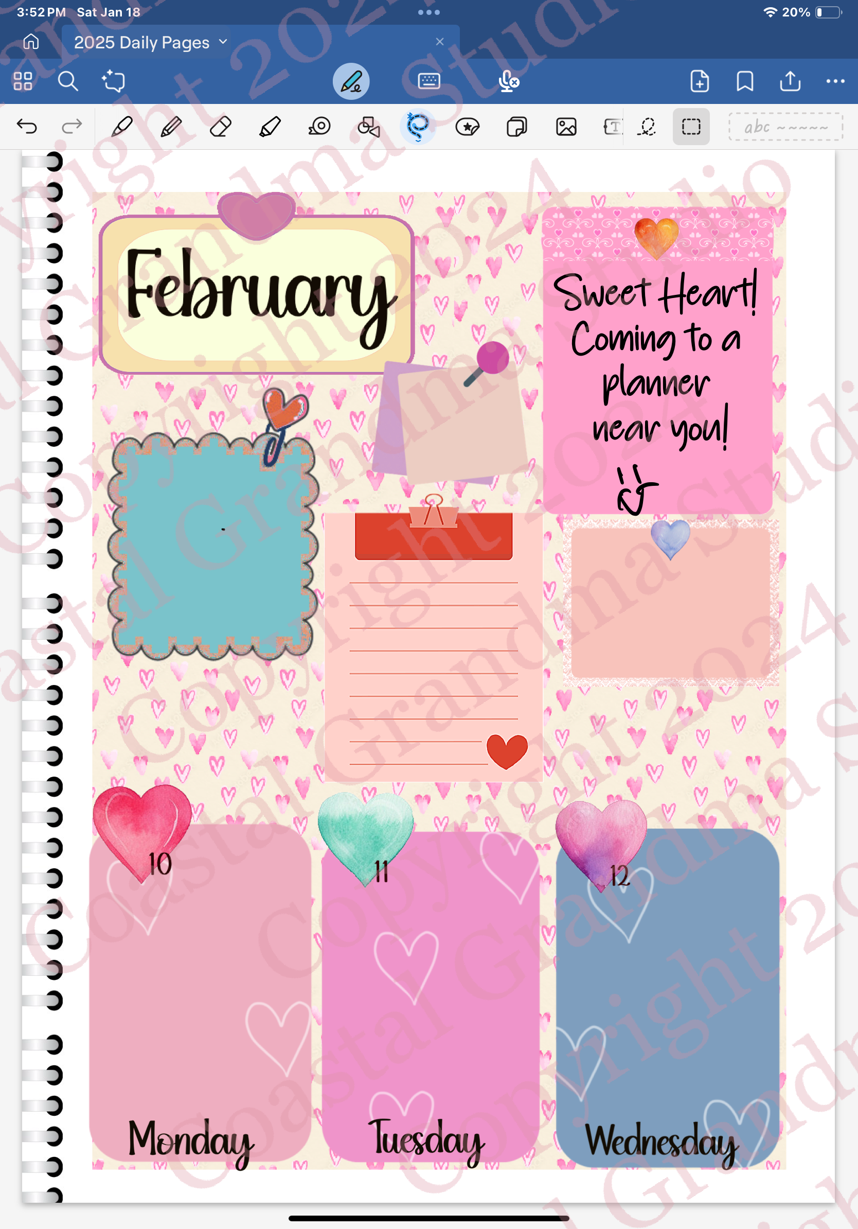 Goodnotes Digital Planner Spread only using date dots, stickers and coordinated patterned deco paper from th Sweet Heart Digital Sticker Bundle.