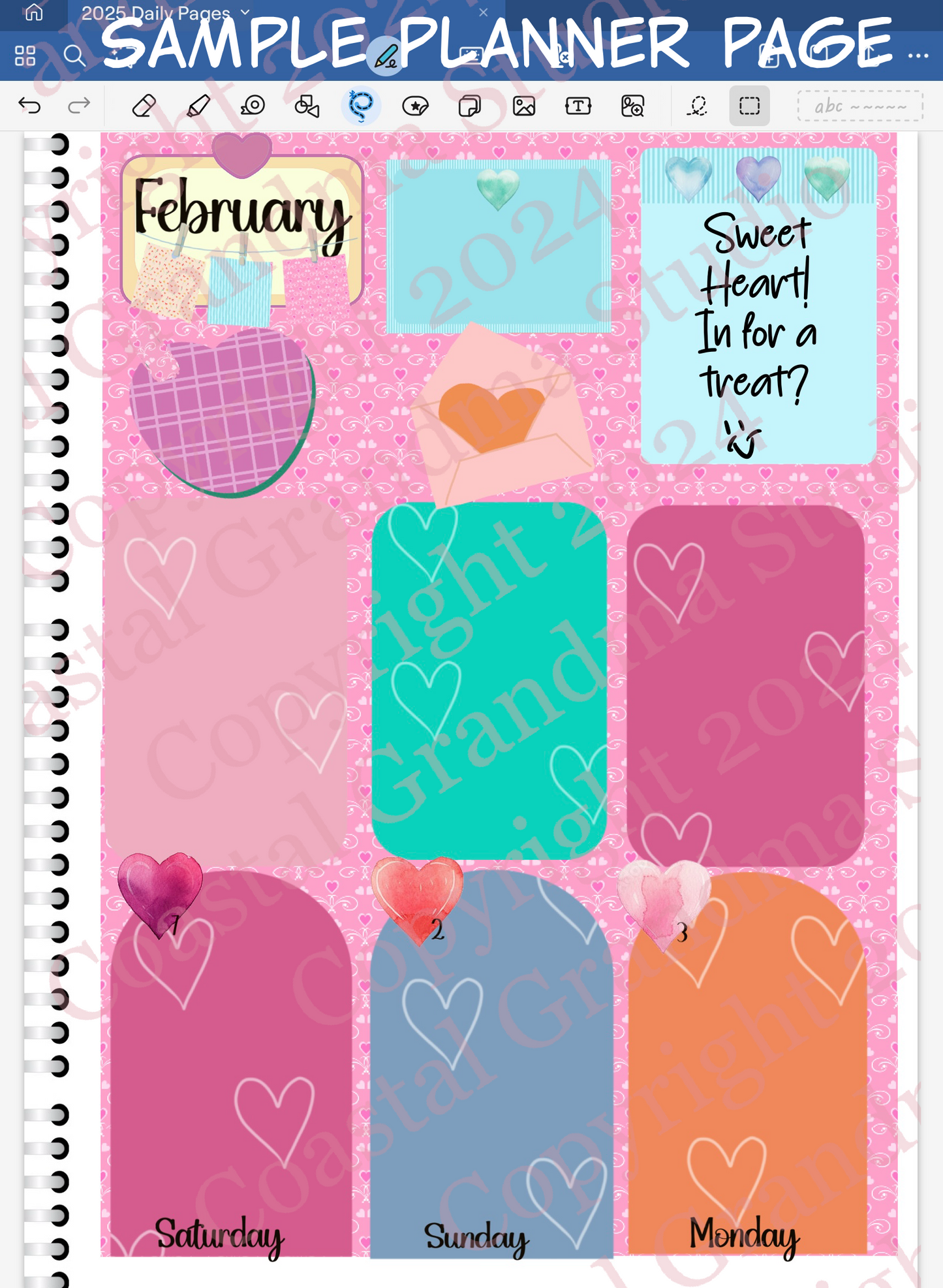 Goodnotes Digital Planner spread only using date dots, stickers and coordinated patterned paper from the Sweet Heart Digital Sticker Bundle.