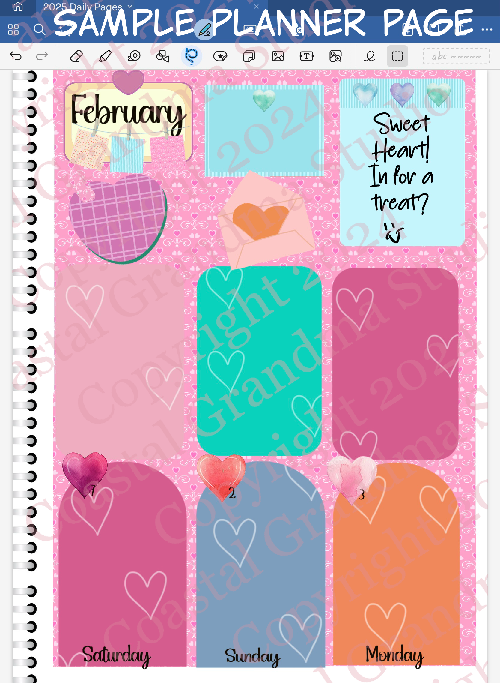 Goodnotes Digital Planner spread only using date dots, stickers and coordinated patterned paper from the Sweet Heart Digital Sticker Bundle.