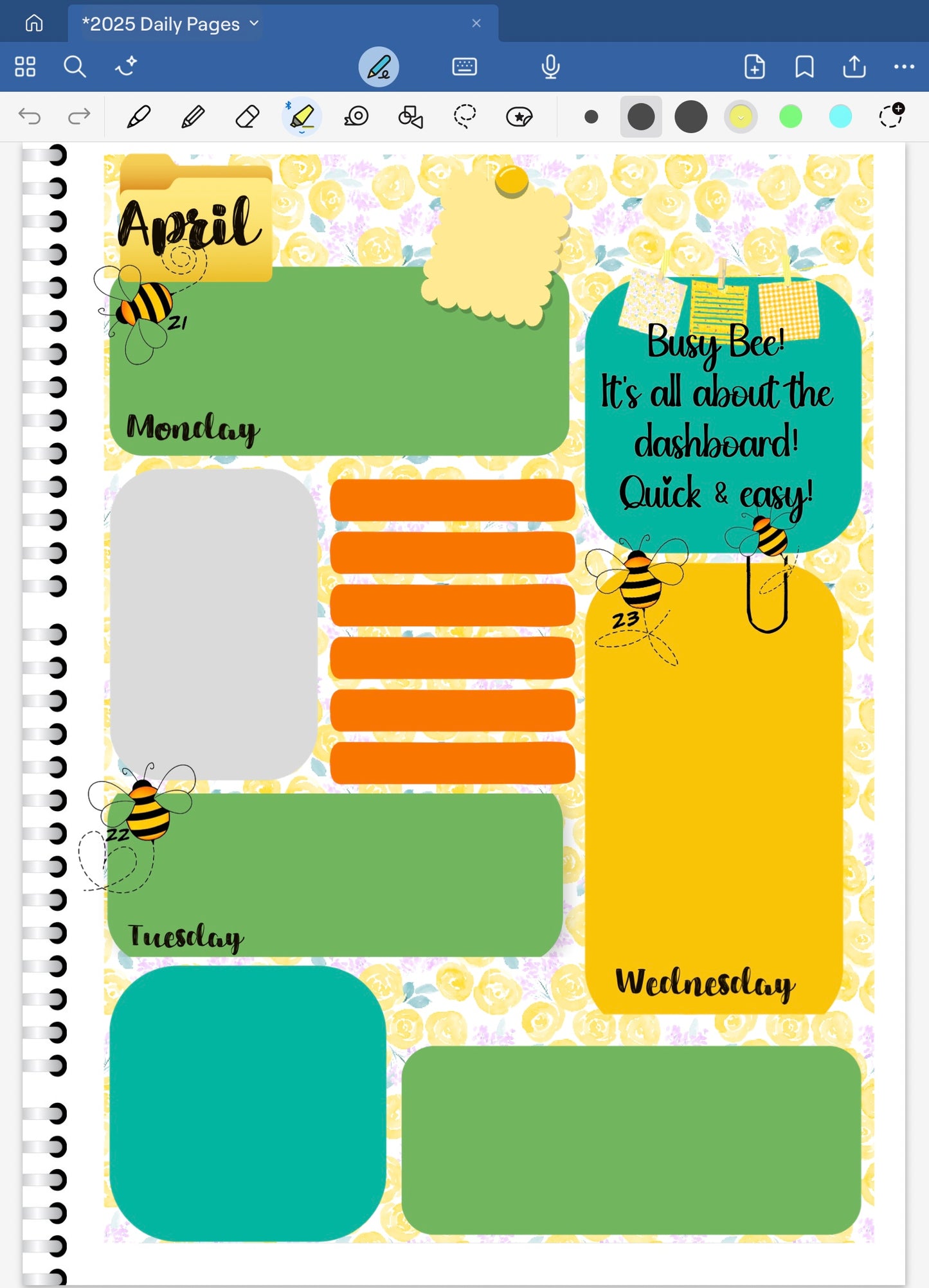 Goodnotes colorful spread dashboard with colorful design and bee theme