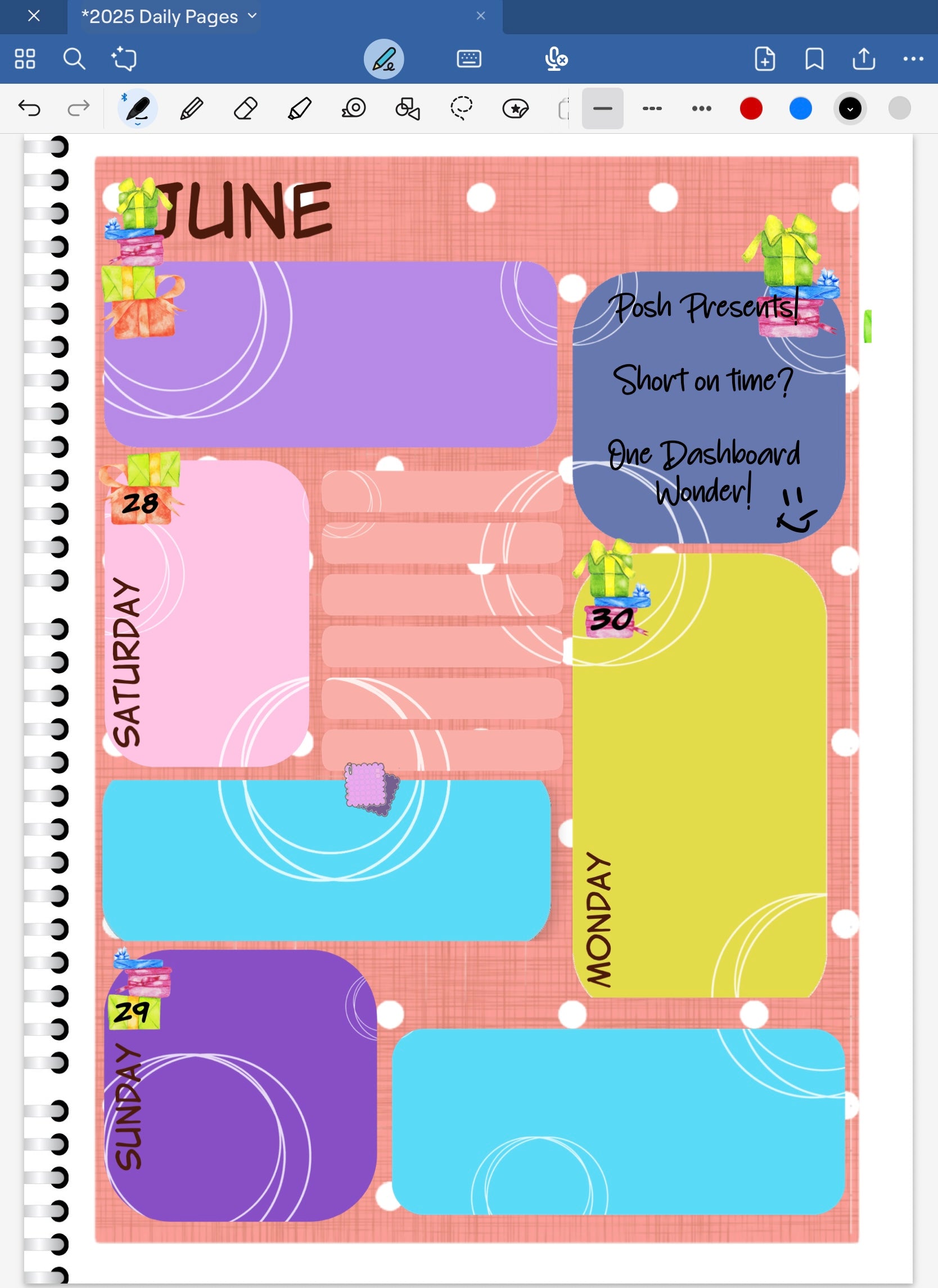 Goodnotes digital planner spread only using date dots, coordinated stickers and patterned paper from one bundle.