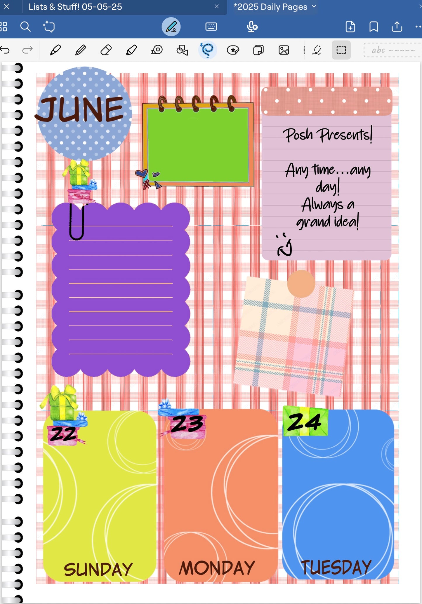 Goodnotes digital planner spread only using date dots, stickers and coordinating patterned paper from one bundle.