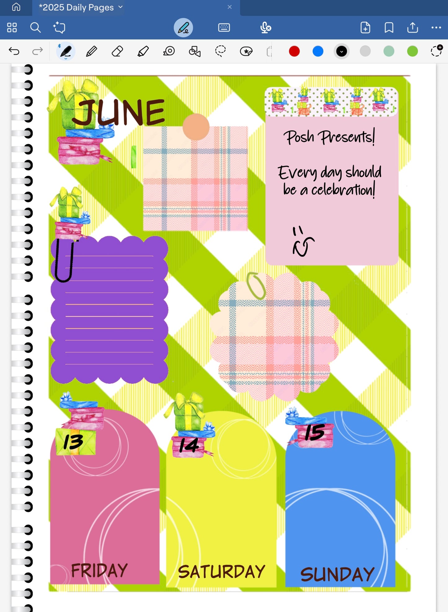 Goodnotes digital planner spread only using date dots, stickers and coordinating pattern paper from one bundle.