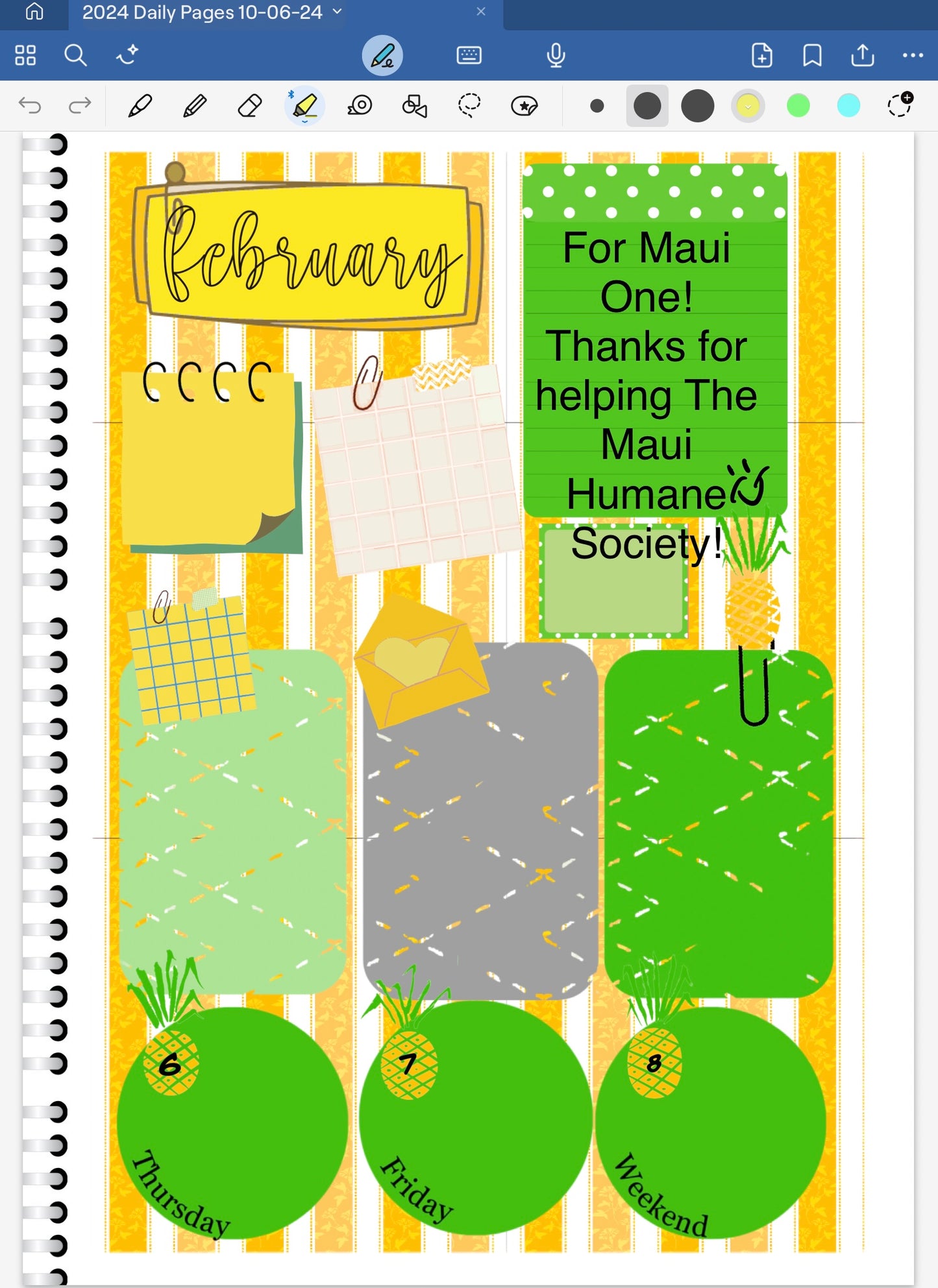 Goodnotes digital planner spread only using date dots, stickers and coordinated deco patterned papers from the For Maui With Love One Digital Sticker Bundle
