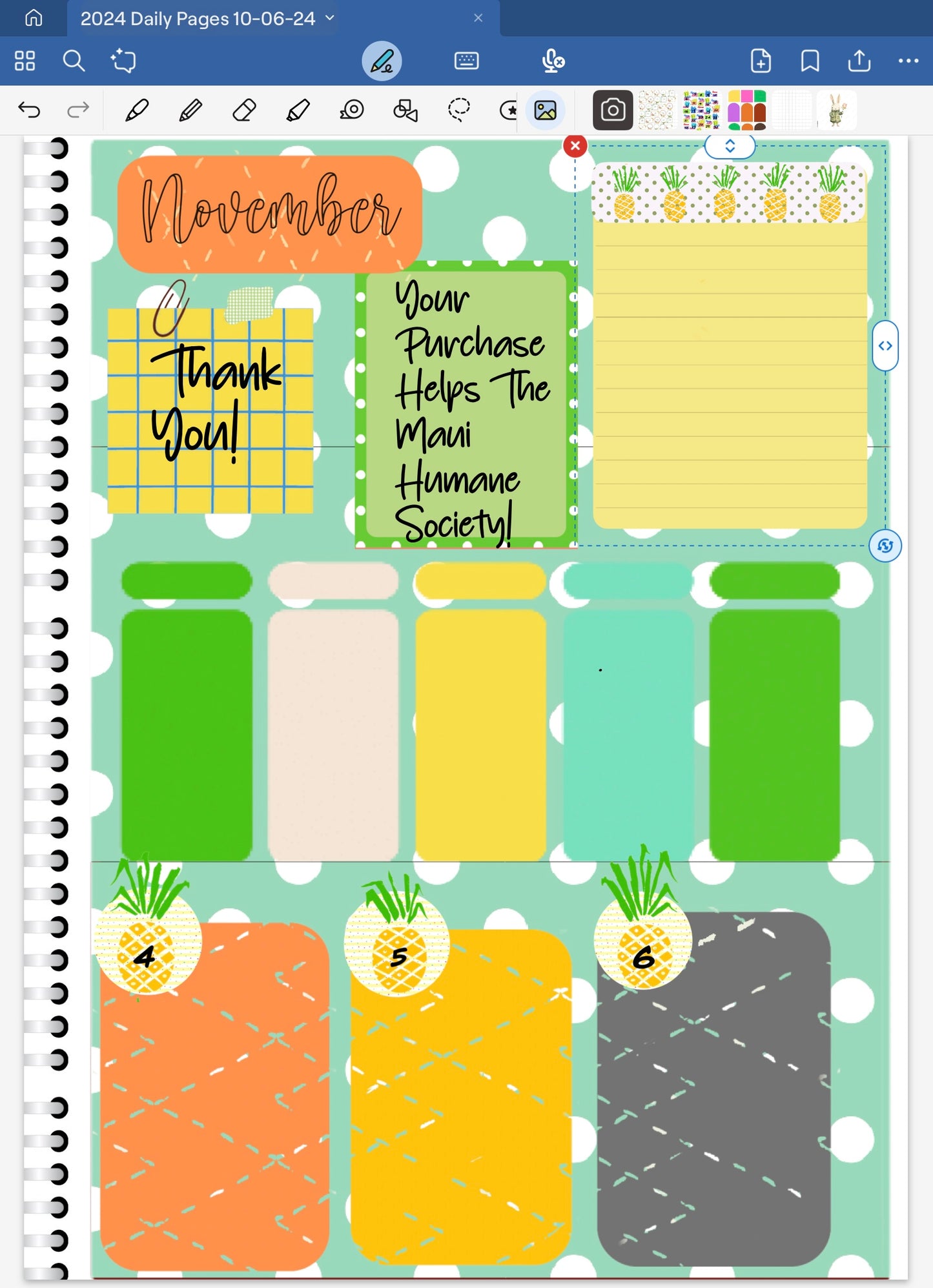 Goodnotes digital planner spread using only date dots, stickers and coordinated deco patterned paper from the For Maui With Love One Digital Stikcer Bundle.