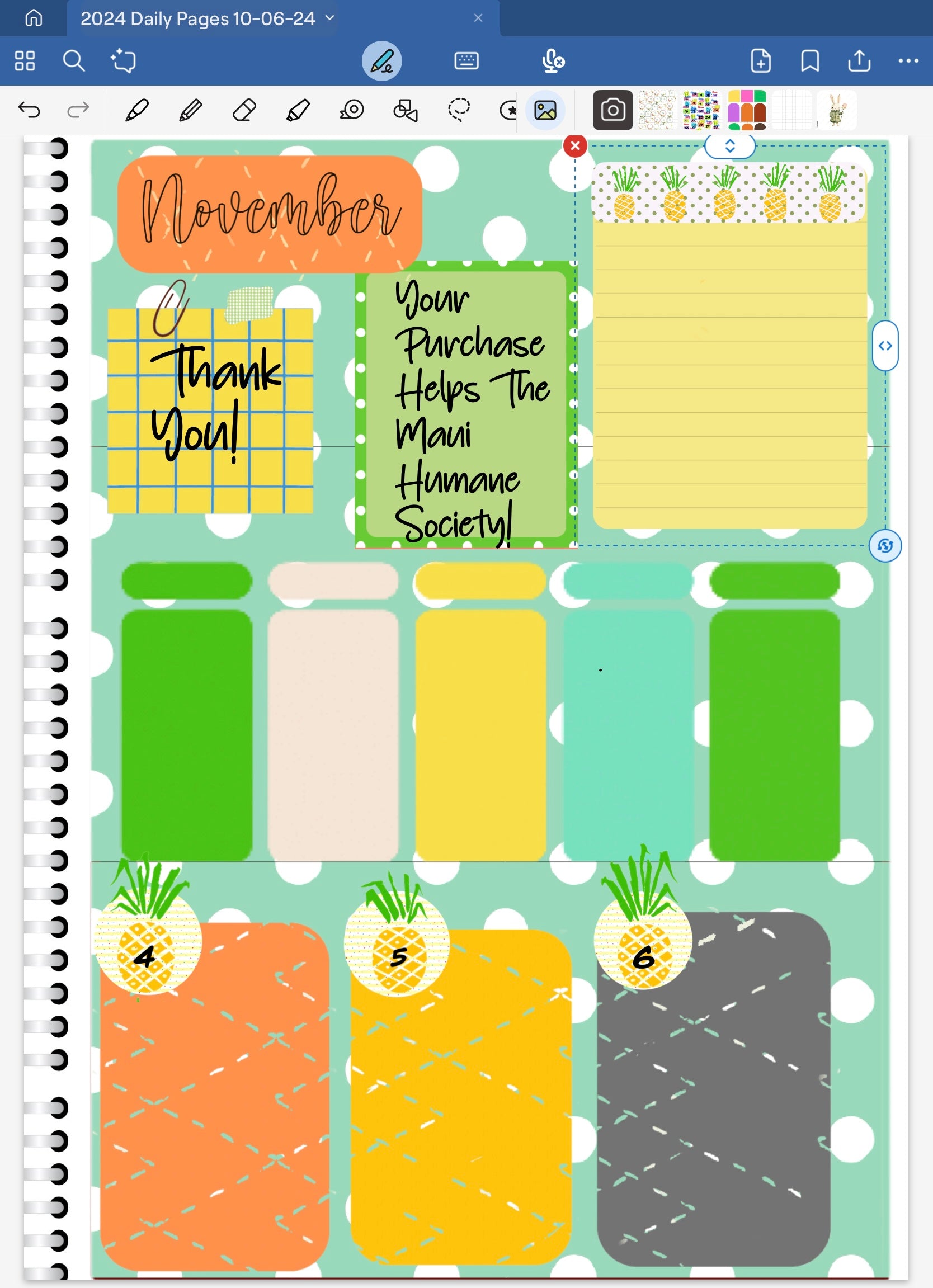 Goodnotes digital planner spread using only date dots, stickers and coordinated deco patterned paper from the For Maui With Love One Digital Stikcer Bundle.