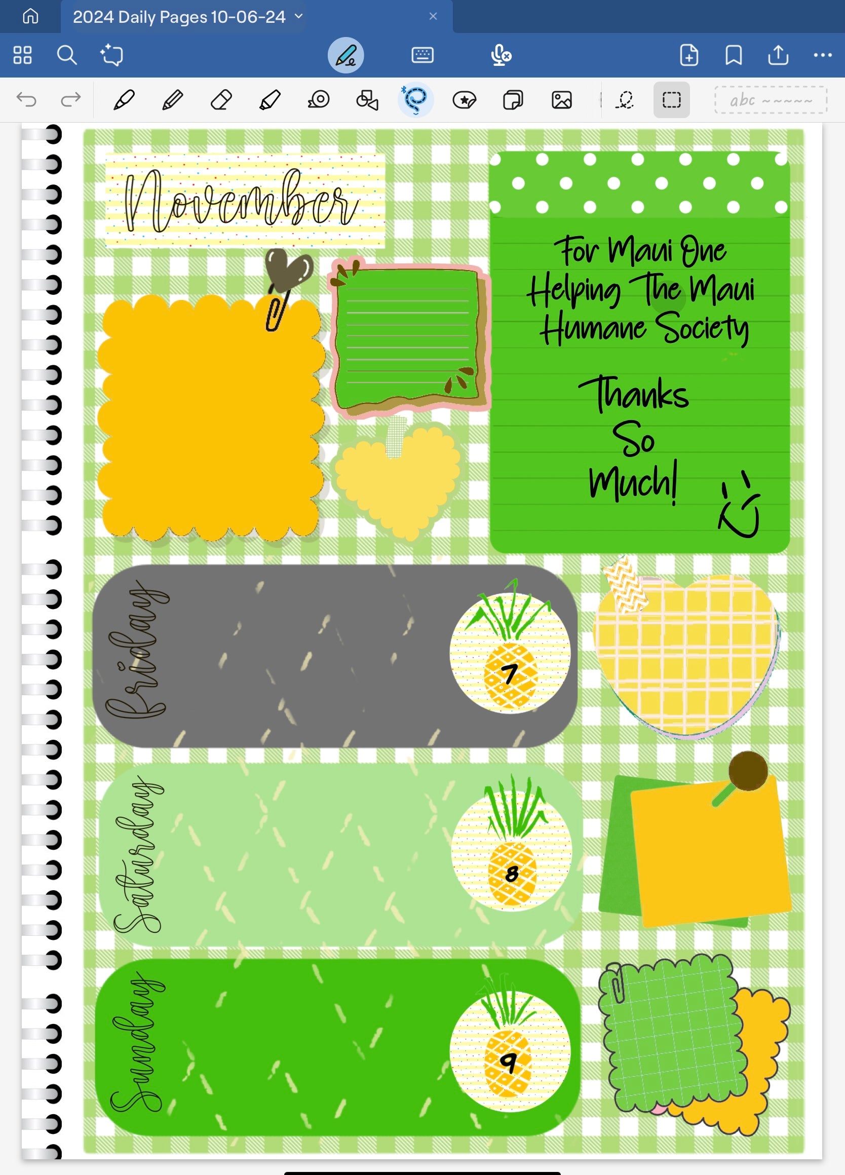Goodnotes digital planner spread using only date dots, stickers, coordinated deco patterned paper from the For Maui With Love One Digital Stickers Collections.