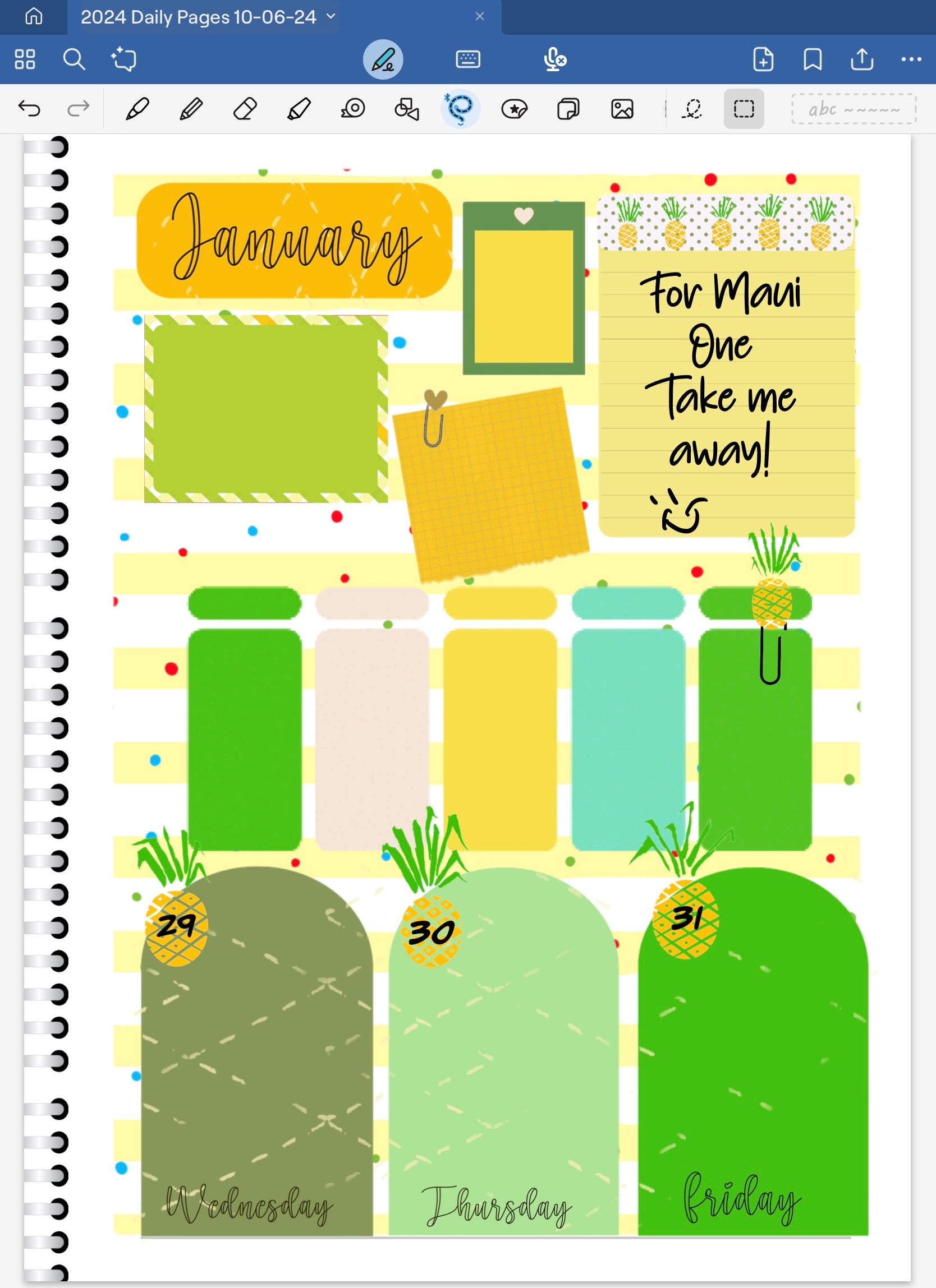 Goodnotes Digital Planner spread using only date dots, stickers and coordinating deco patterned paper from the For Maui With Love One Digital Sticke Bundle.