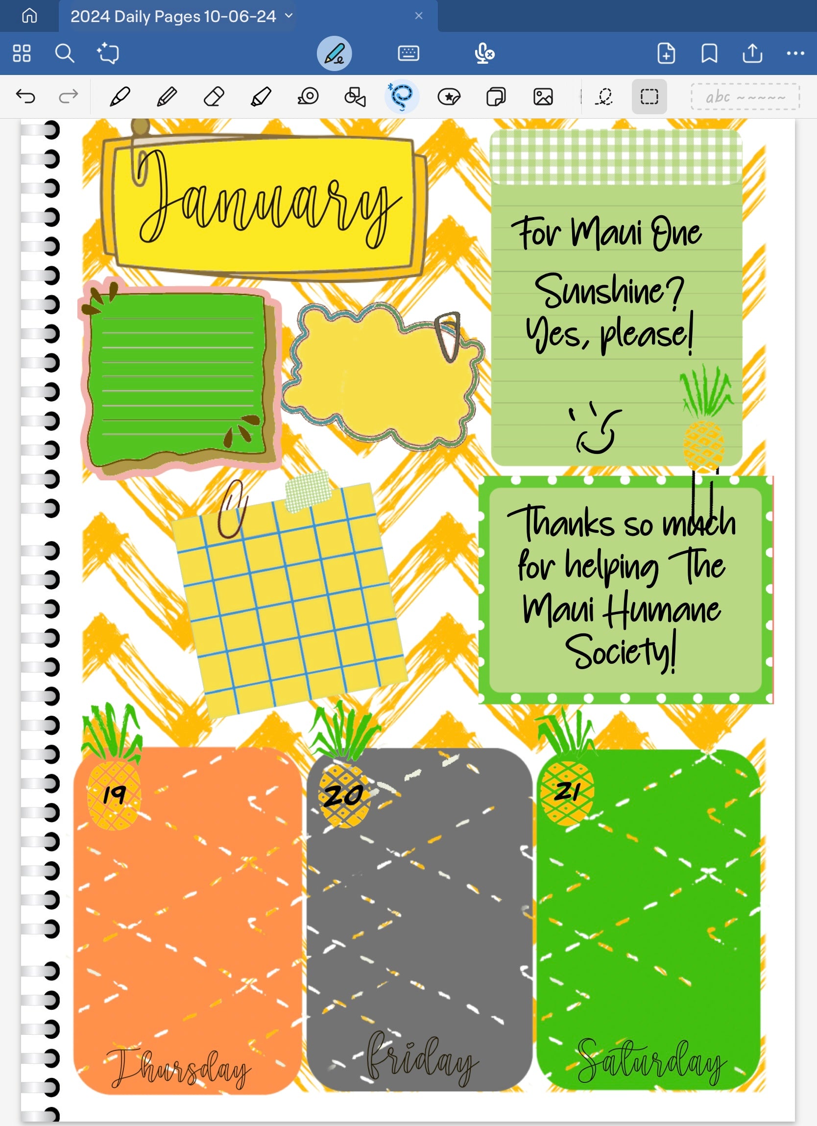 Goodbotes digital planner spread using only date dots, stickers and coordinated patterned deco paper from For Maui With Love One DIgital Bundle.