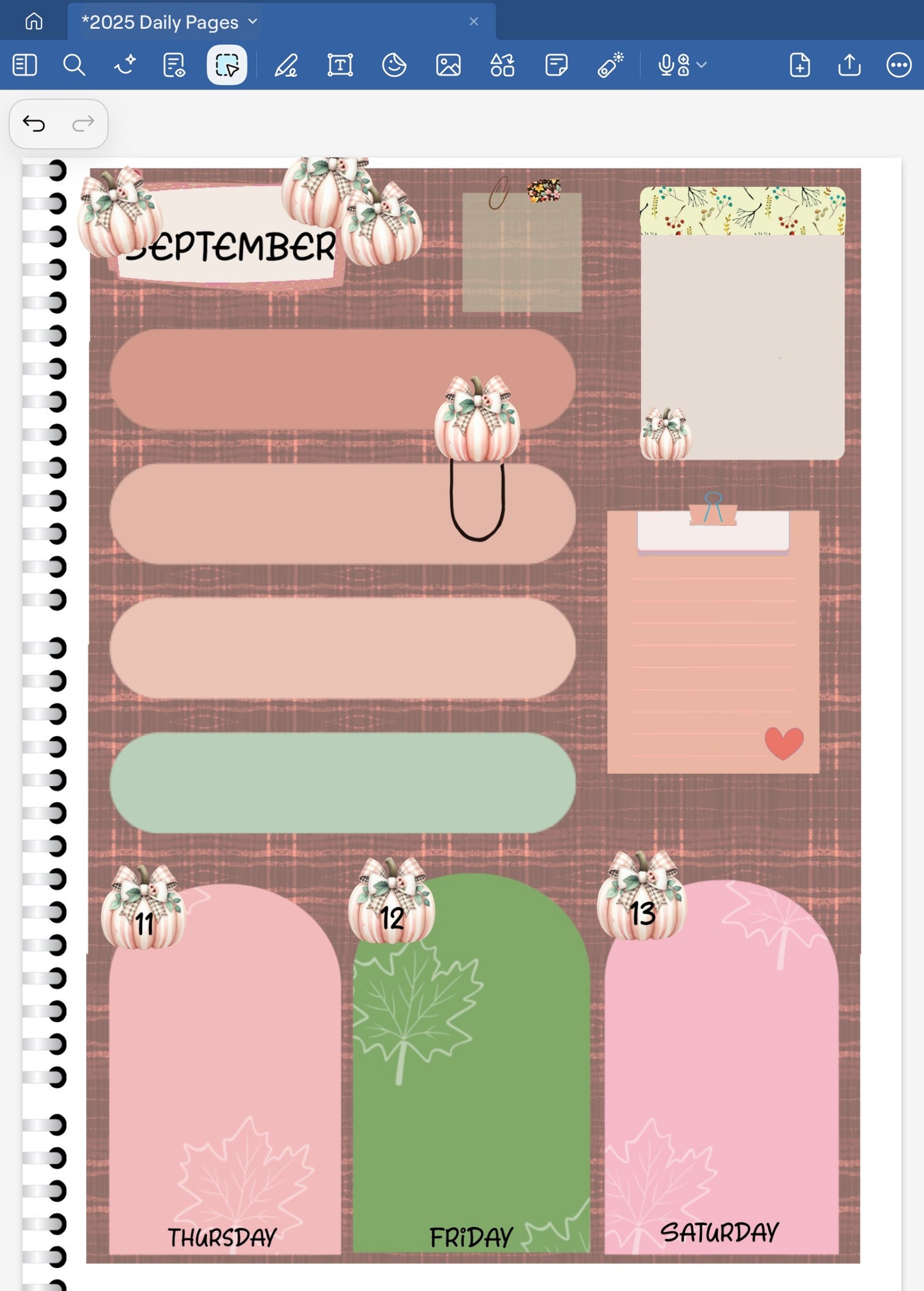 Goodnotes digital planner spread using onoly date dots, stickers and coordinating patterned papers fro one bundle.