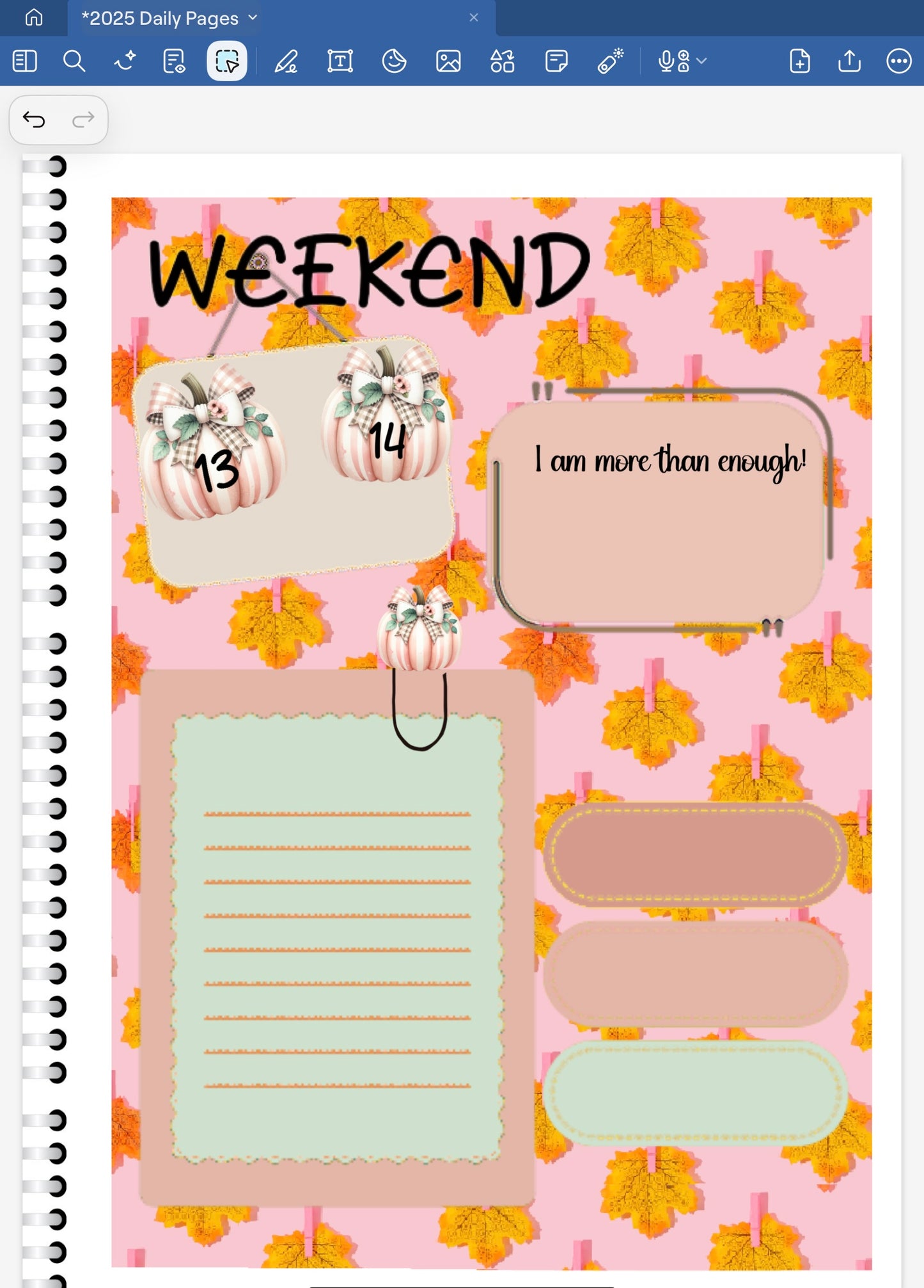 Goodnotes digital planner spread using date dots, coordinating stickers and patterned papers from only one cunble.