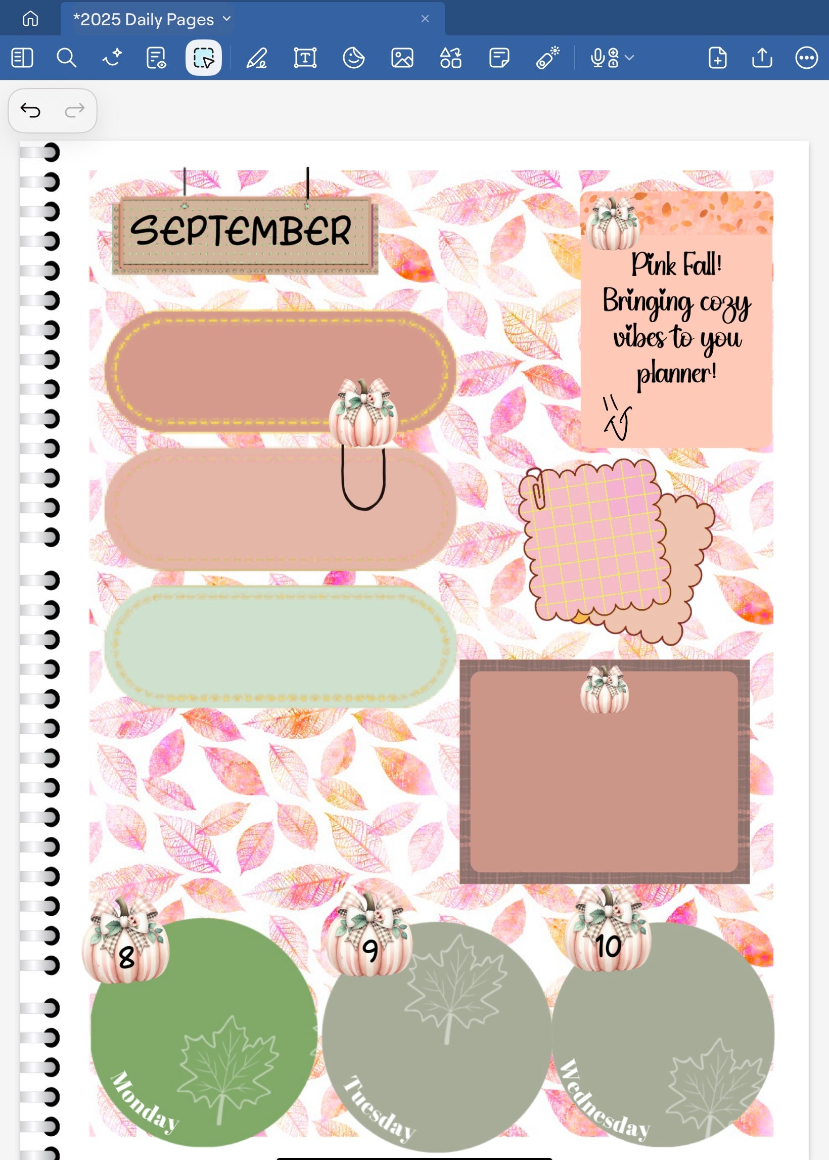 Goodnotes Digital Planner spread only using date dots, coordinating stickers and patterned papers all from the same bundle.