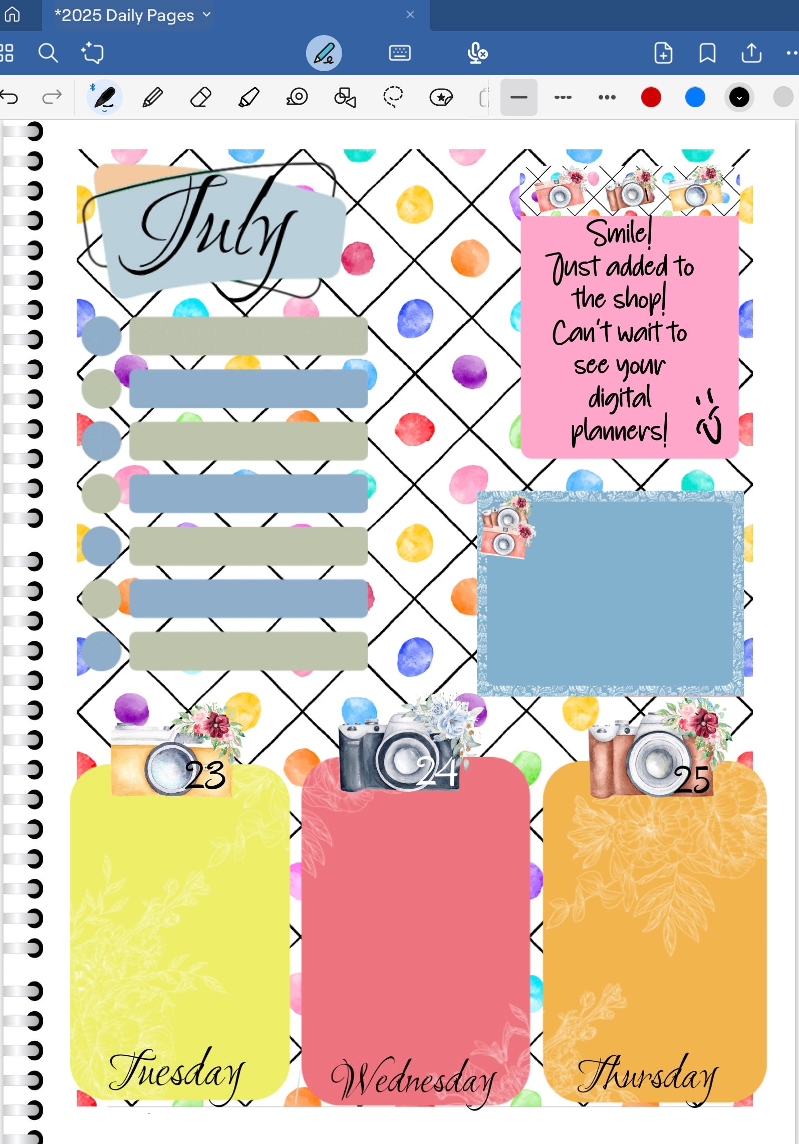 Goodnotes Digital Planner spread only using date dots, stickers and coordinating patterned paper from the Smile!! Digital Sticker Bundle.