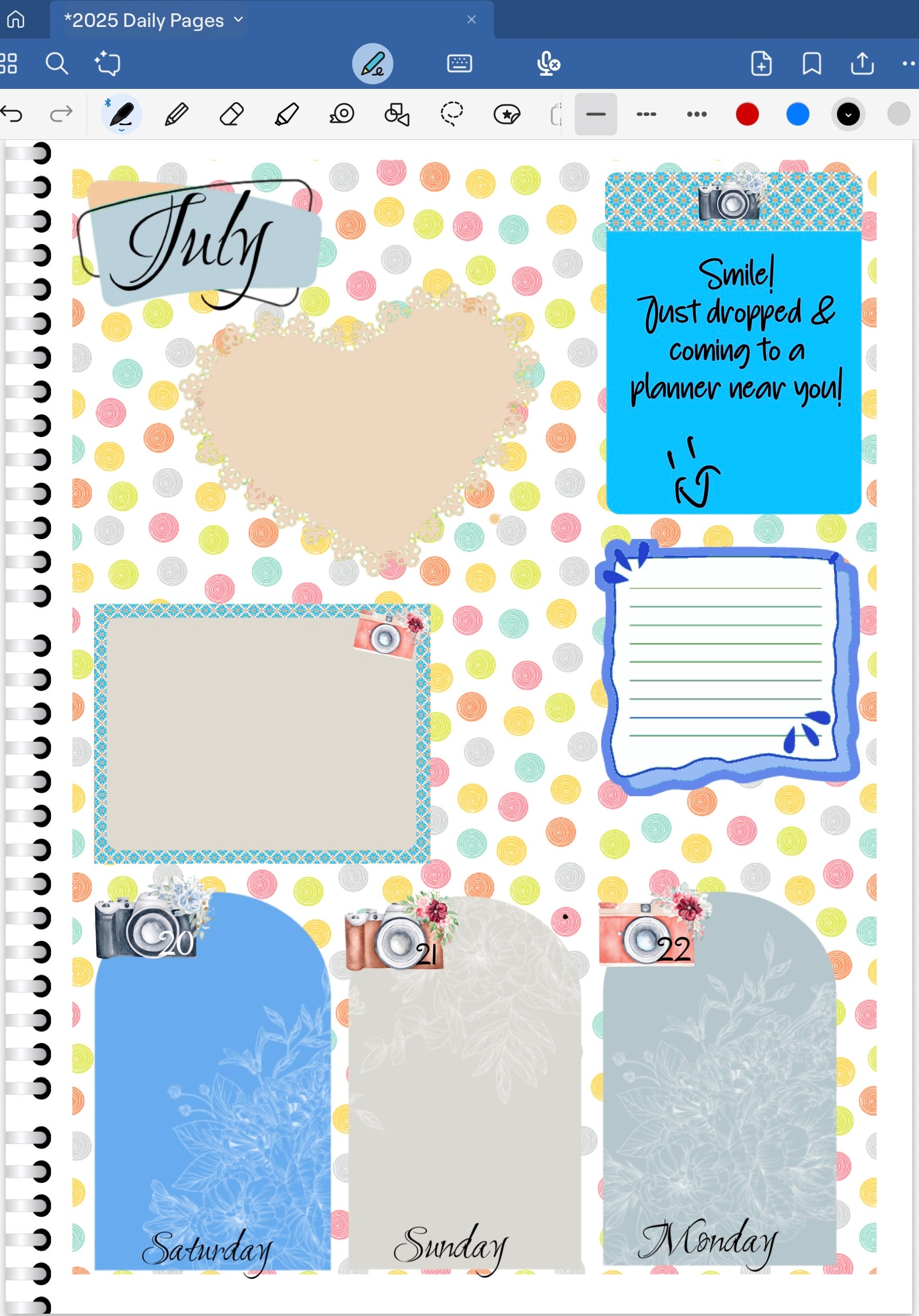 Goodnotes Digital Planner spread using date dots, stickers and coordinating patterned paper from the Smile Digital Bundle.