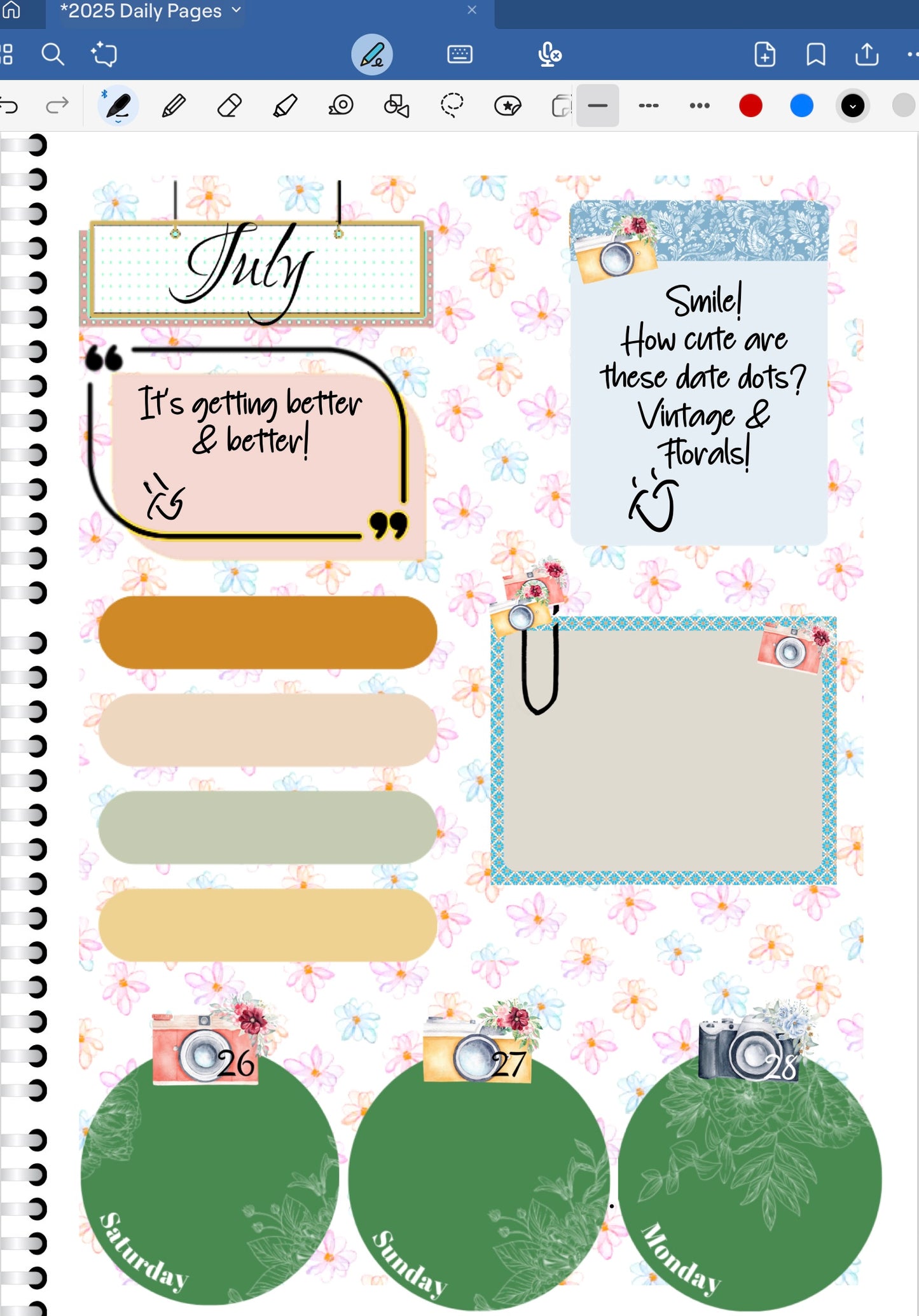 Goodnotes Digital Planner spread only using date dots, stickers and coordinating patterned paper from the Smile! Digiital Bundle.