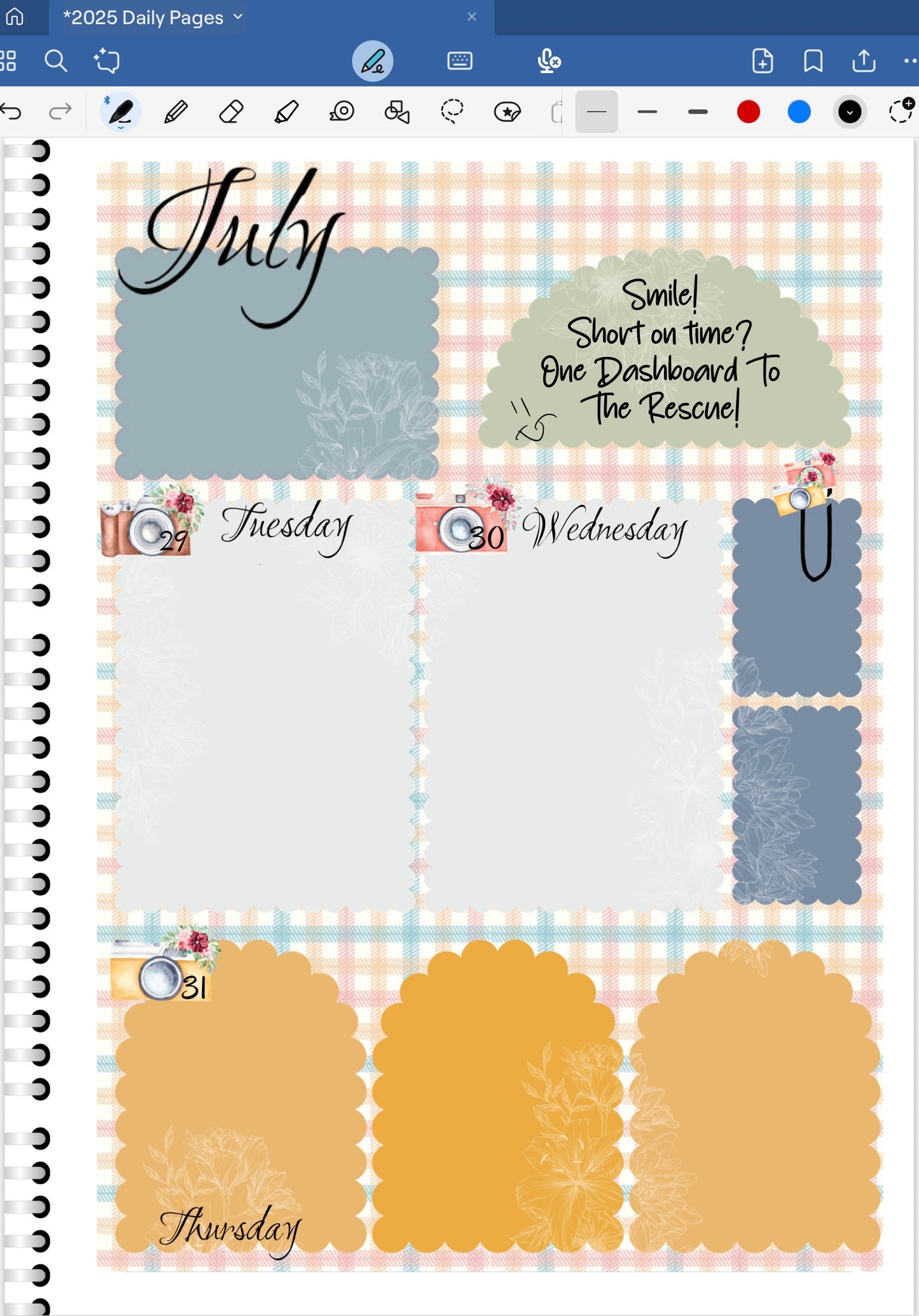 Goodnotes Digital Planner Spread only using date dots, stickers and coordinating patterned paper from the Smile! Digital Sticker Bundle.