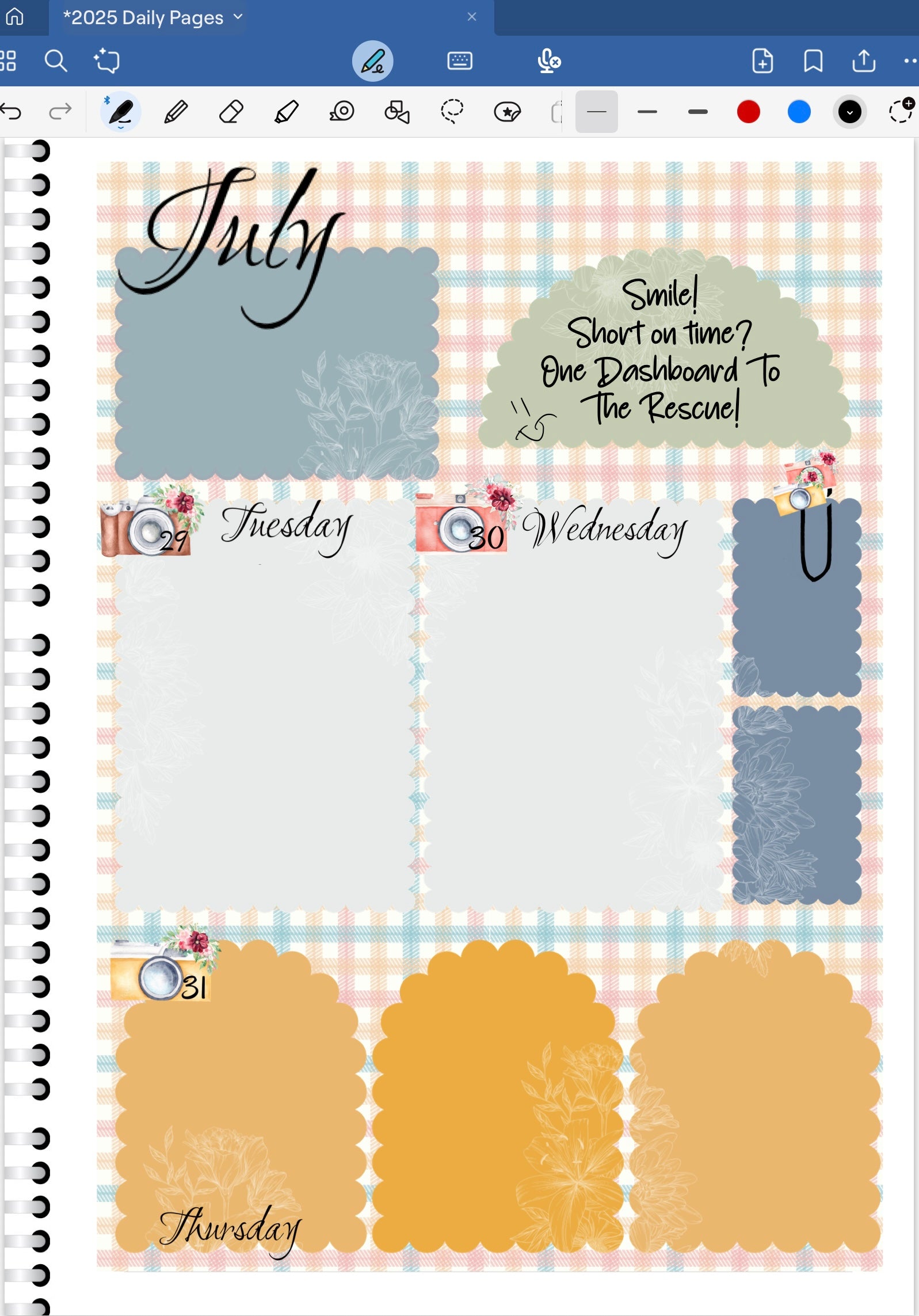 Goodnotes Digital Planner Spread only using date dots, stickers and coordinating patterned paper from the Smile! Digital Sticker Bundle.