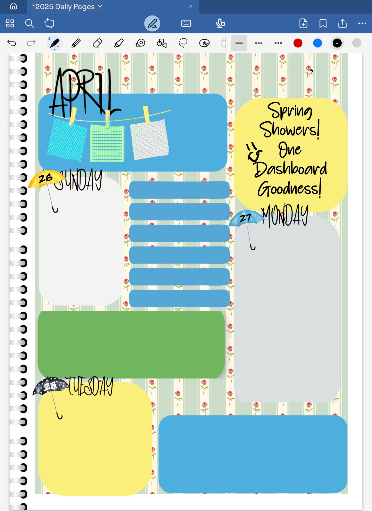 Goodnotes digital planner stickers using only date dots, stickers and coordinating patterned papers from the Spring Showers Stickers Bundle.