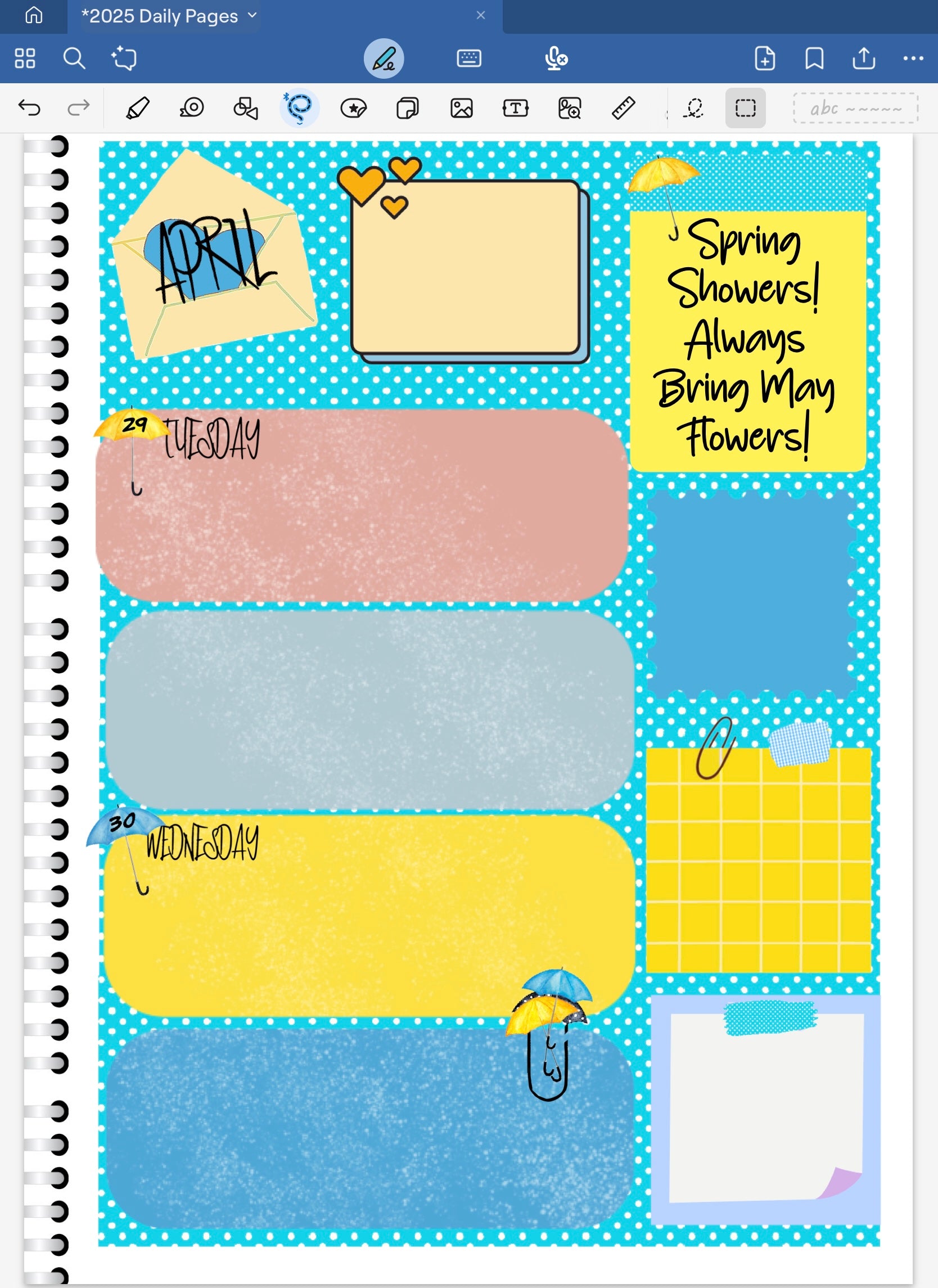 Goodnotes Digital Planner spread only using date dots, coordinating stickers and patterned deco paper from the Sping Showers Digital Sticker Bundle.