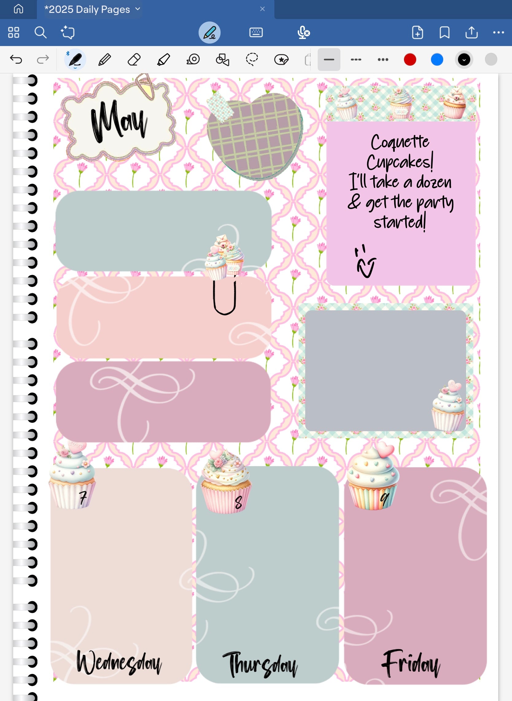 Goodnotes Digital Planner Spread only using date dots, stickers and coordinating patterned deco paper.