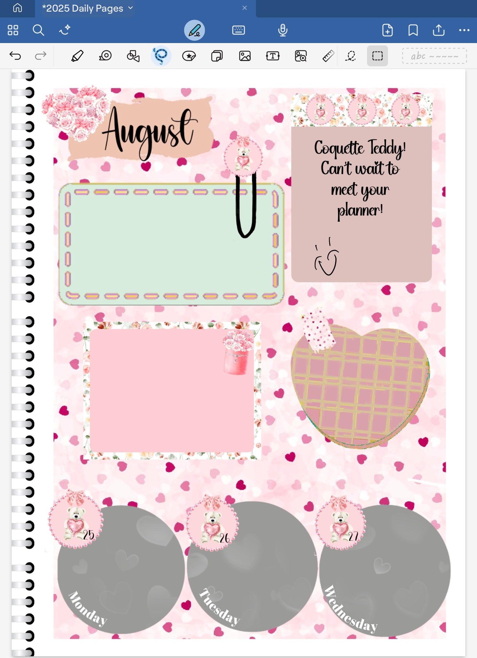 Goodnotes digital planner spread only using date dots, stickers and coordinating patterned papers from the Coquette Teddy Love Digital Bundle.