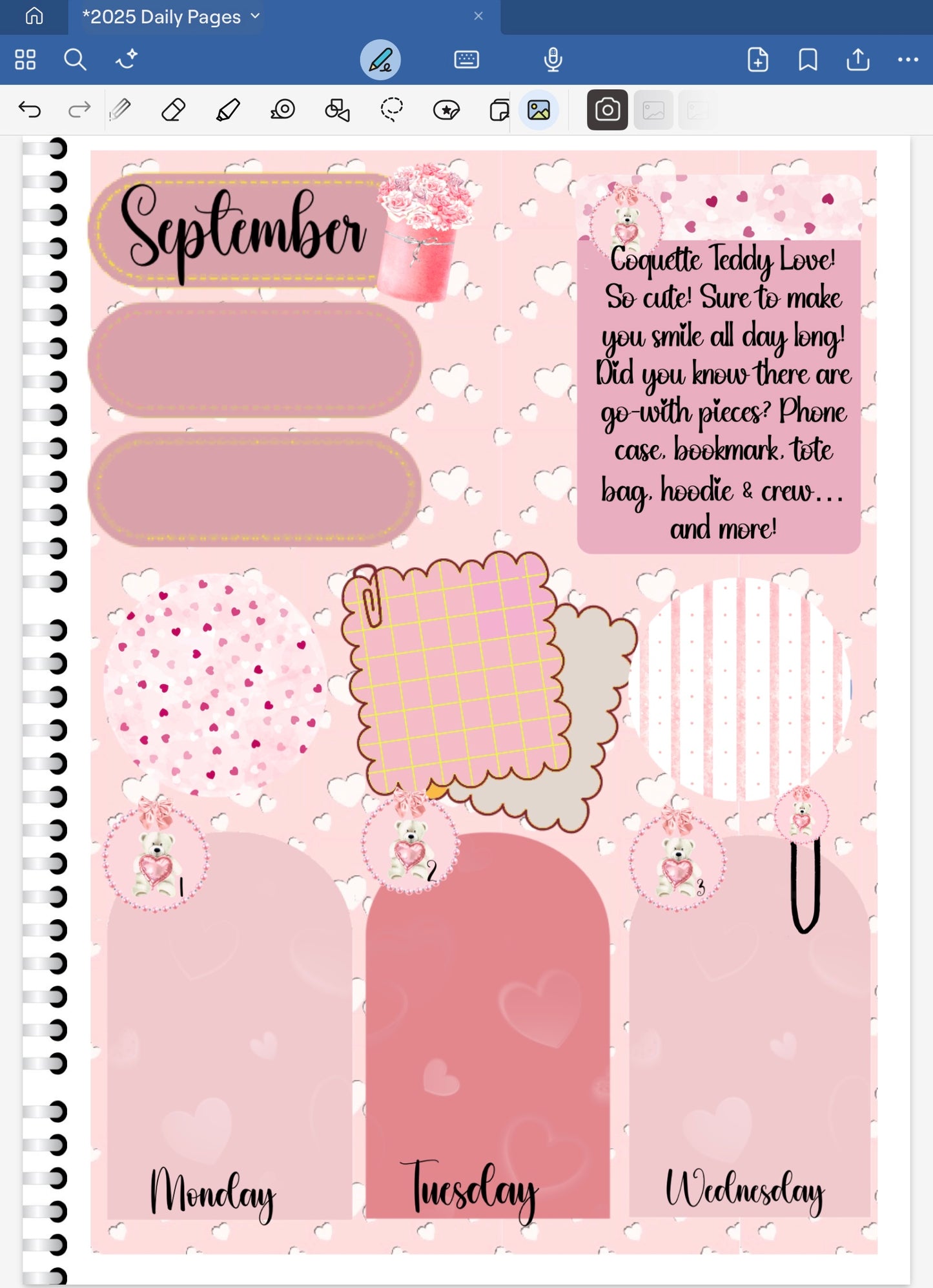 Goodnotes digital planner spread only using date dots, stickers and coordinating patterned papers from the Coquette Teddy Love Digital Sticker BUndle.