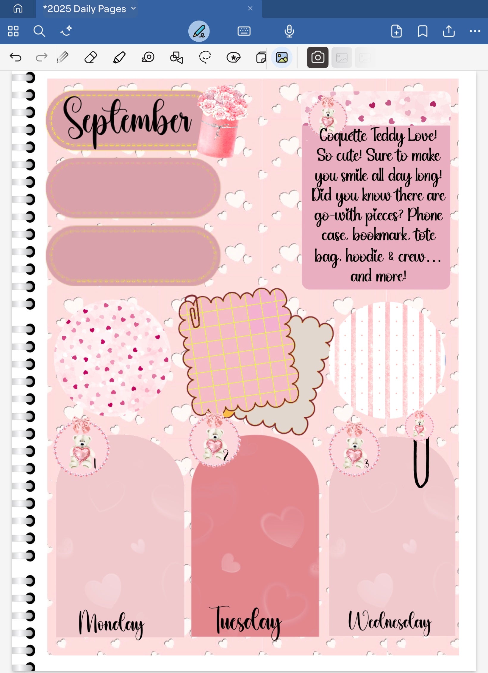 Goodnotes digital planner spread only using date dots, stickers and coordinating patterned papers from the Coquette Teddy Love Digital Sticker BUndle.