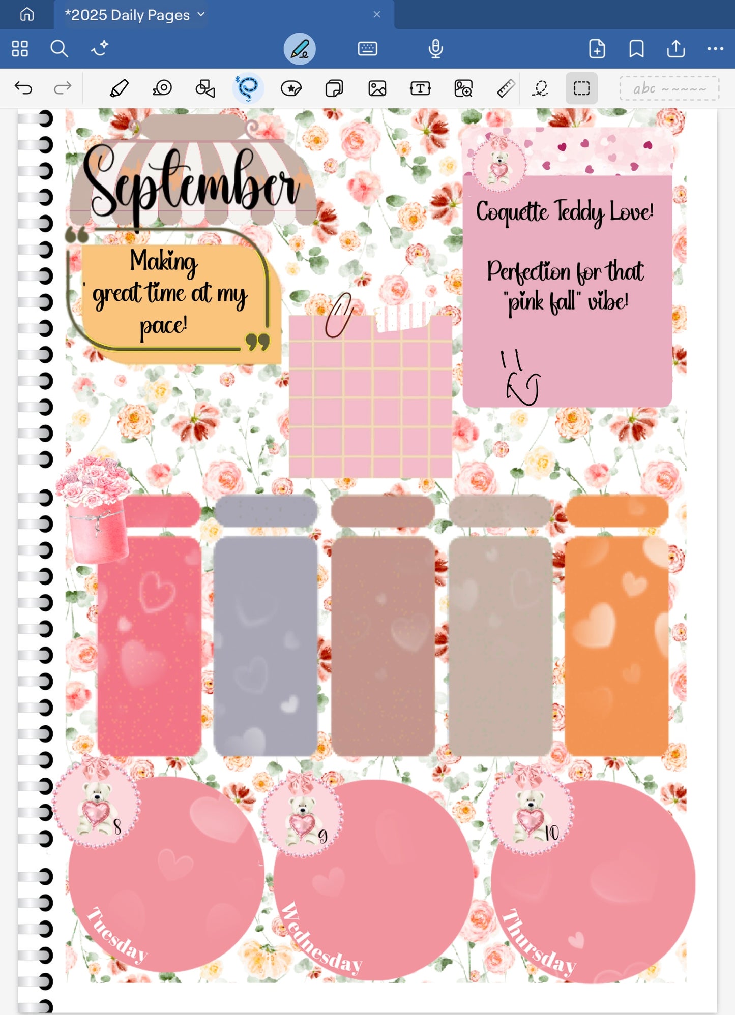 Goodnotes digital planner spread only using date dots, stickers and coordinated deco patterned paper.