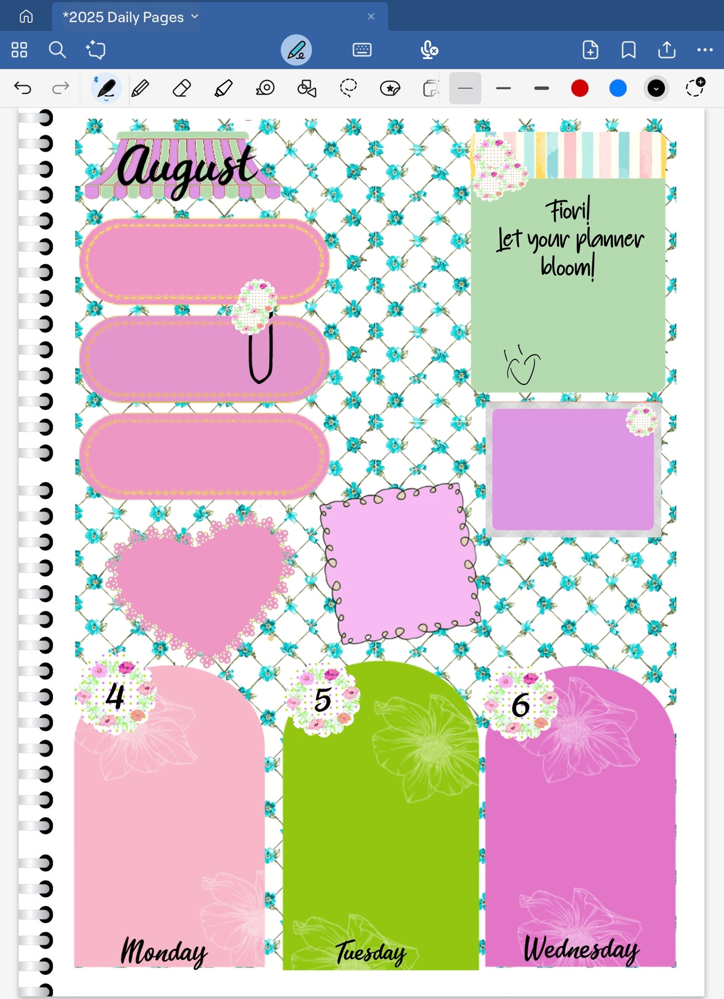 Goodnotes digital planner spread only using date dots, stickers and coordinating deco patterned papers.