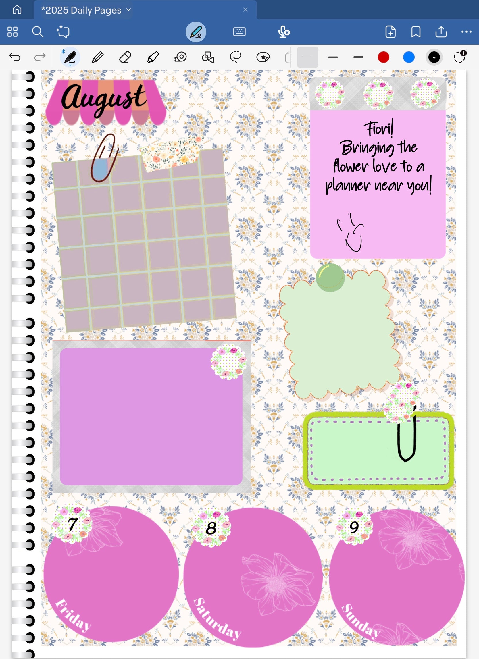 Goodnote digital planner spread only using date dots, stickers and coordinated deco pattrned papr. from the Fiori Digital Stickers Bundle.