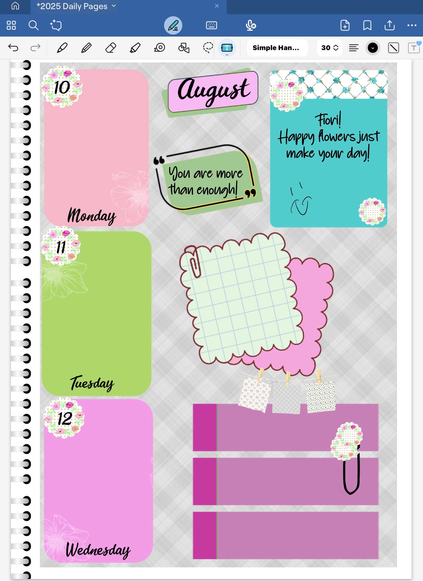 Goodnotes digital planner spread only using stickerrs, date dots and cordinating deco patterned paper from the iori DIgital Sticker Bundle.