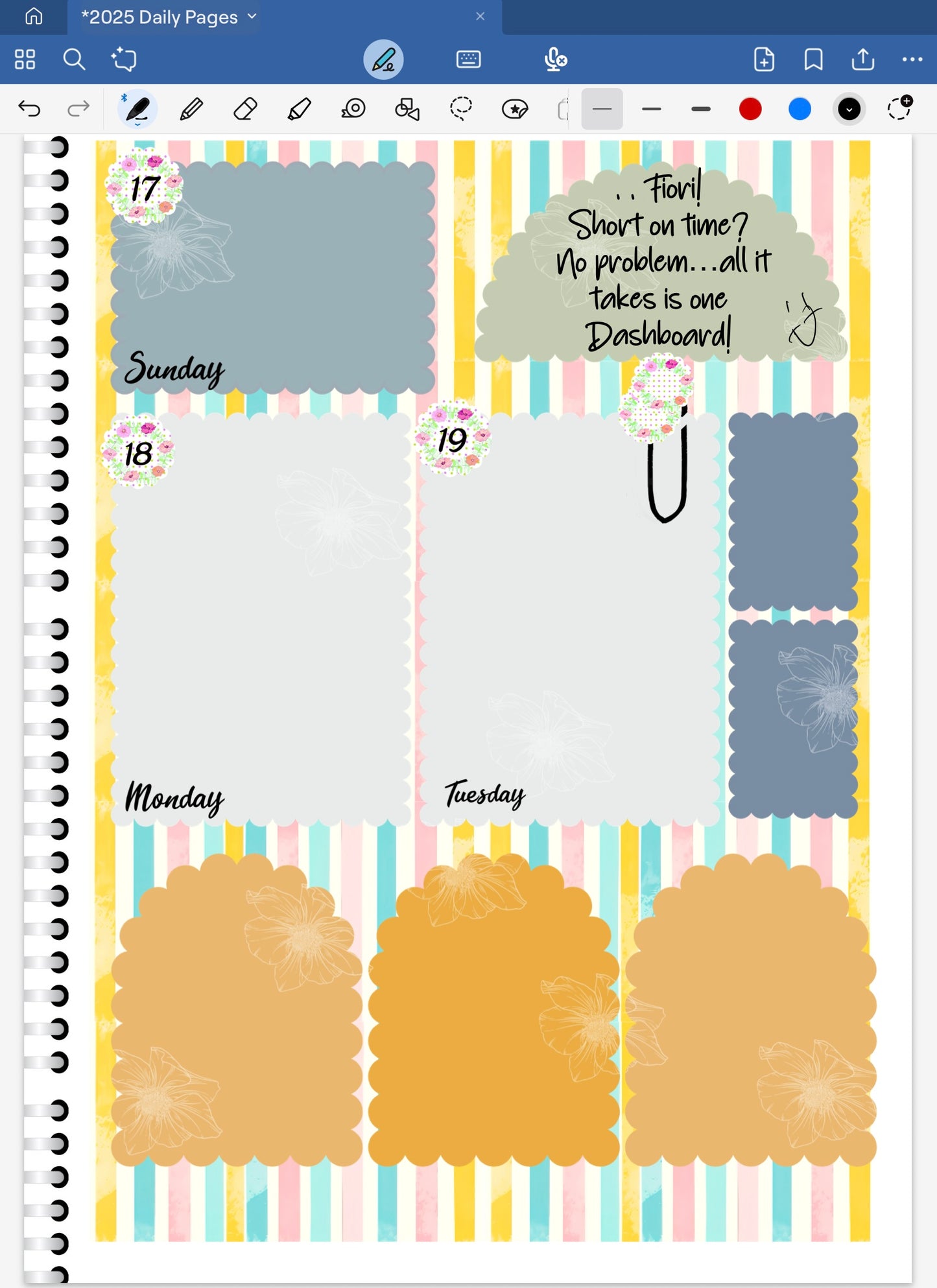 Goodnotes digital planner spread only using date dots, stickers and coordinating patterned deco paper.