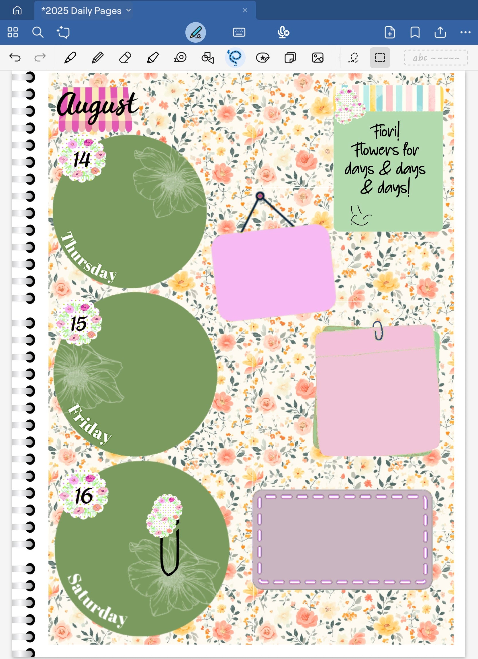 Goodnotes digital planner spread on iPad only using date dots, stickers and coordinating deco patterned paper from the Fiori Digital Sticker Collection.