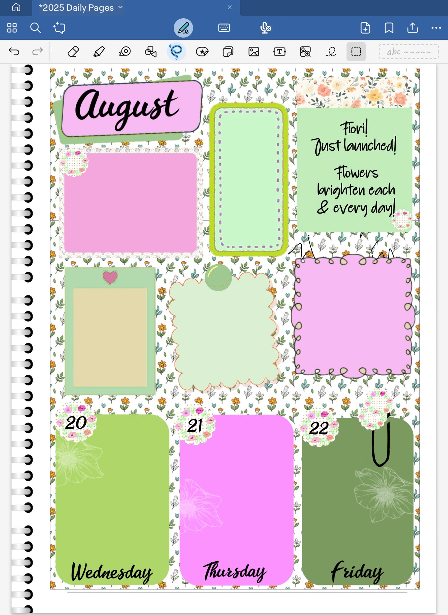 Goodnotes digital planner spread only using date dots, stickers and coordinating patterned paper from the Fiori DIgital Sticker Bundle.
