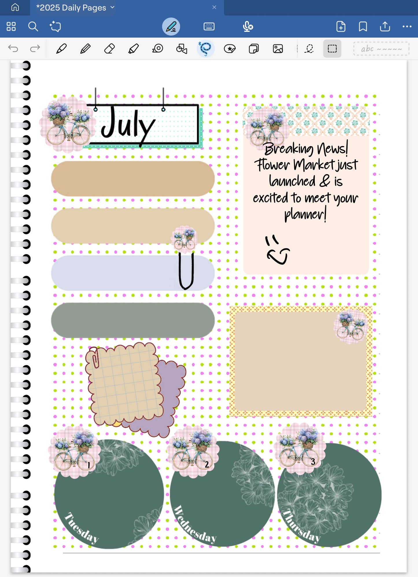 Goodnotes digital planner spread only using date dots, stickers and coordinated patterned paper from the Flower Market Digital Sticker Bundle.