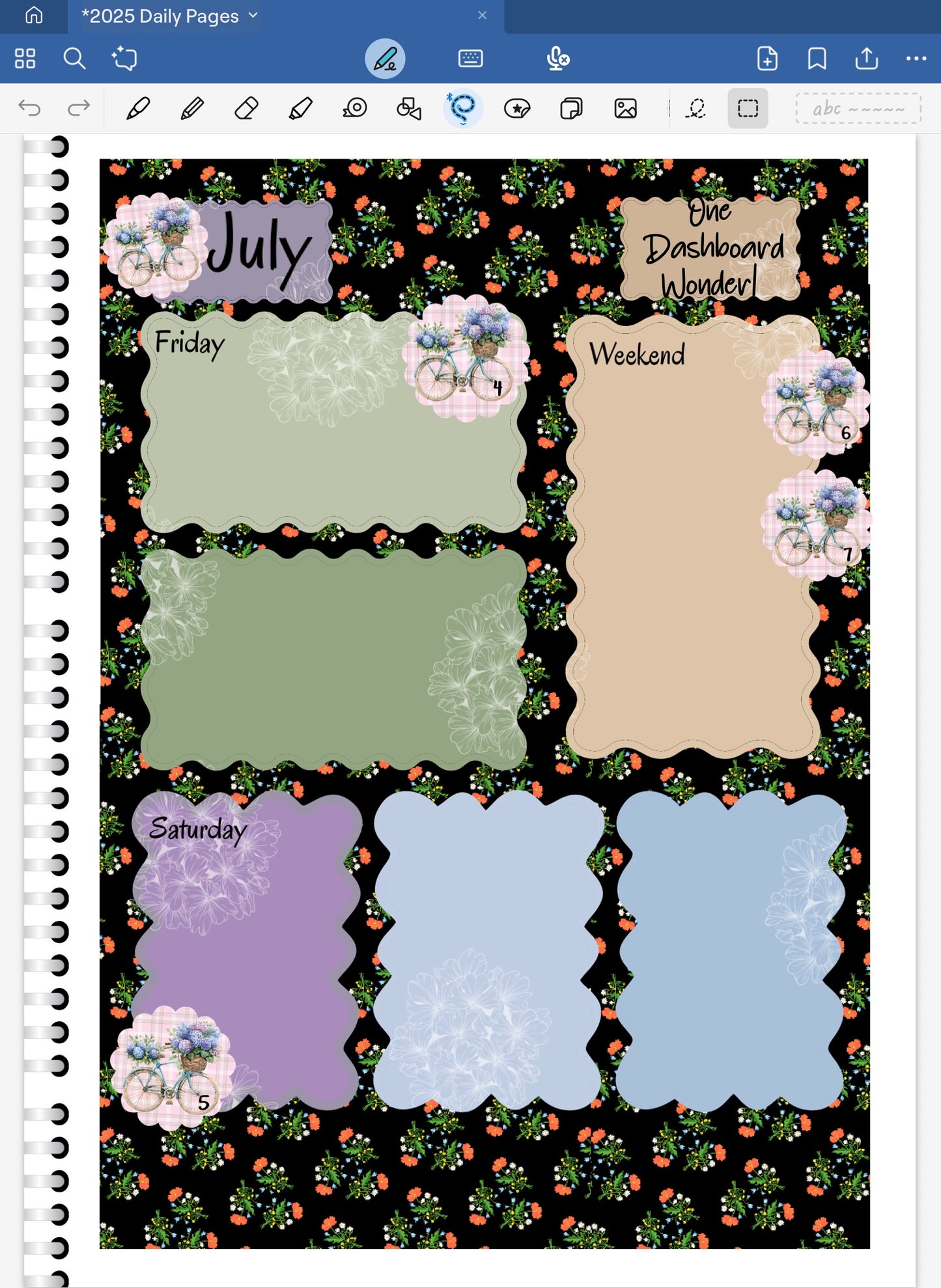 Goodnotes Digital Planner Spread using only date dots, stickers and coordinated patterned deco paper from the Flower Market Digital Sticker Bundle.