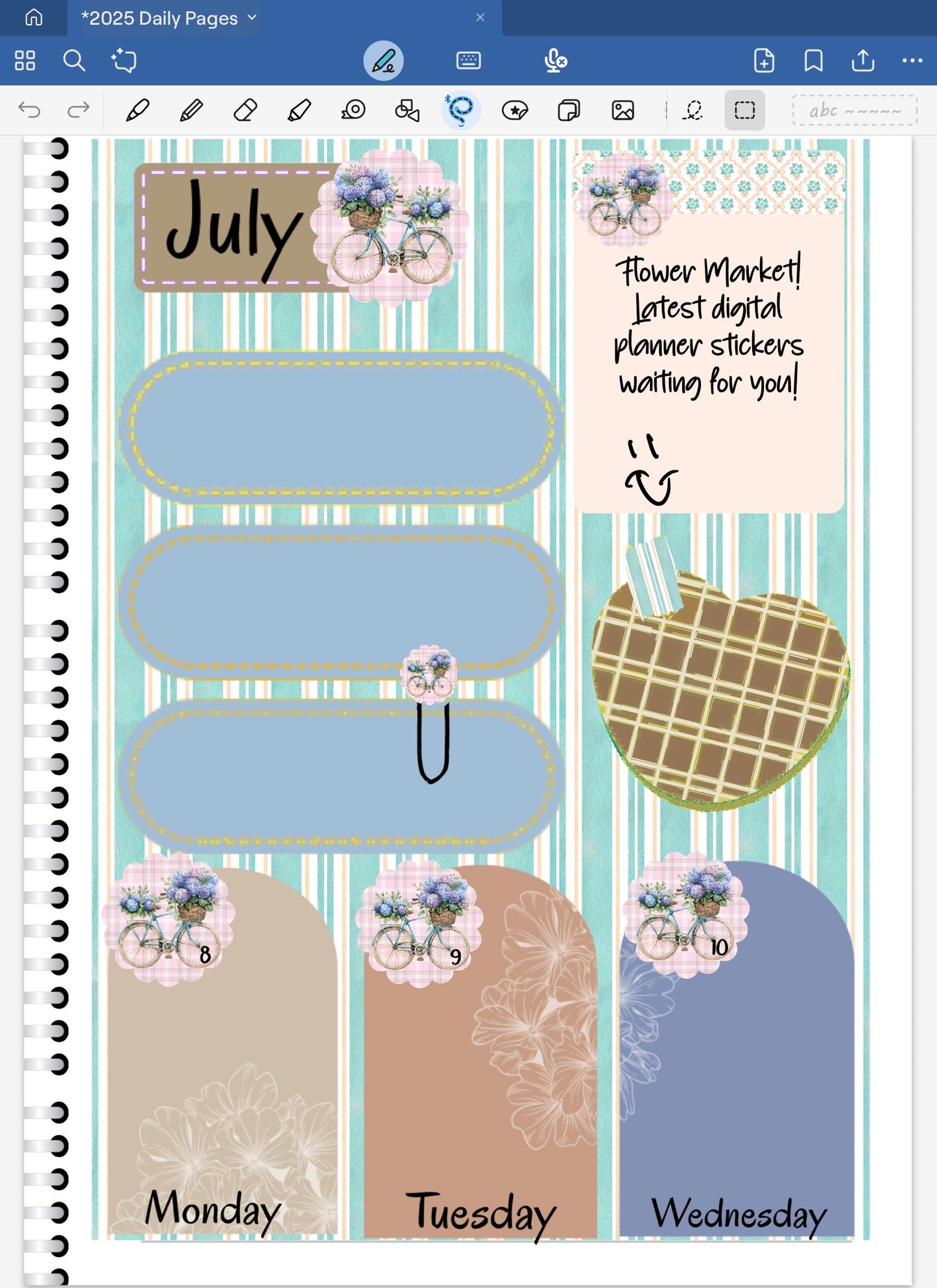 Goodnotes digital planner spread only suing date dots, stickers and coordinated patterned deco paper from  the Flower Market Digital Sitcker Bundle.