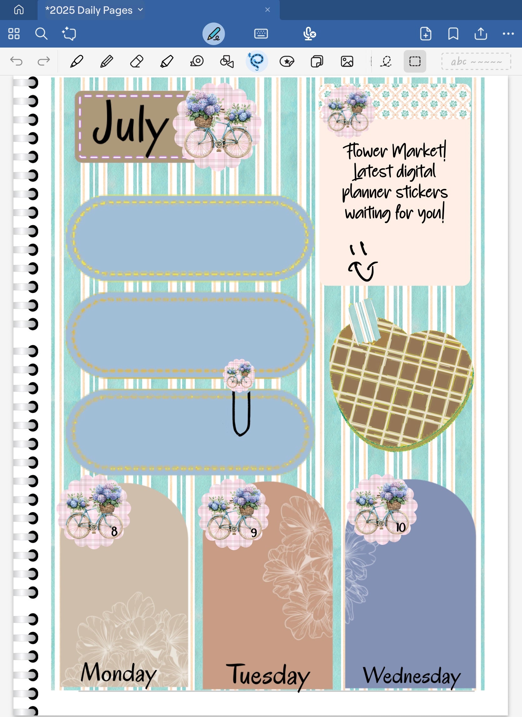 Goodnotes digital planner spread only suing date dots, stickers and coordinated patterned deco paper from  the Flower Market Digital Sitcker Bundle.