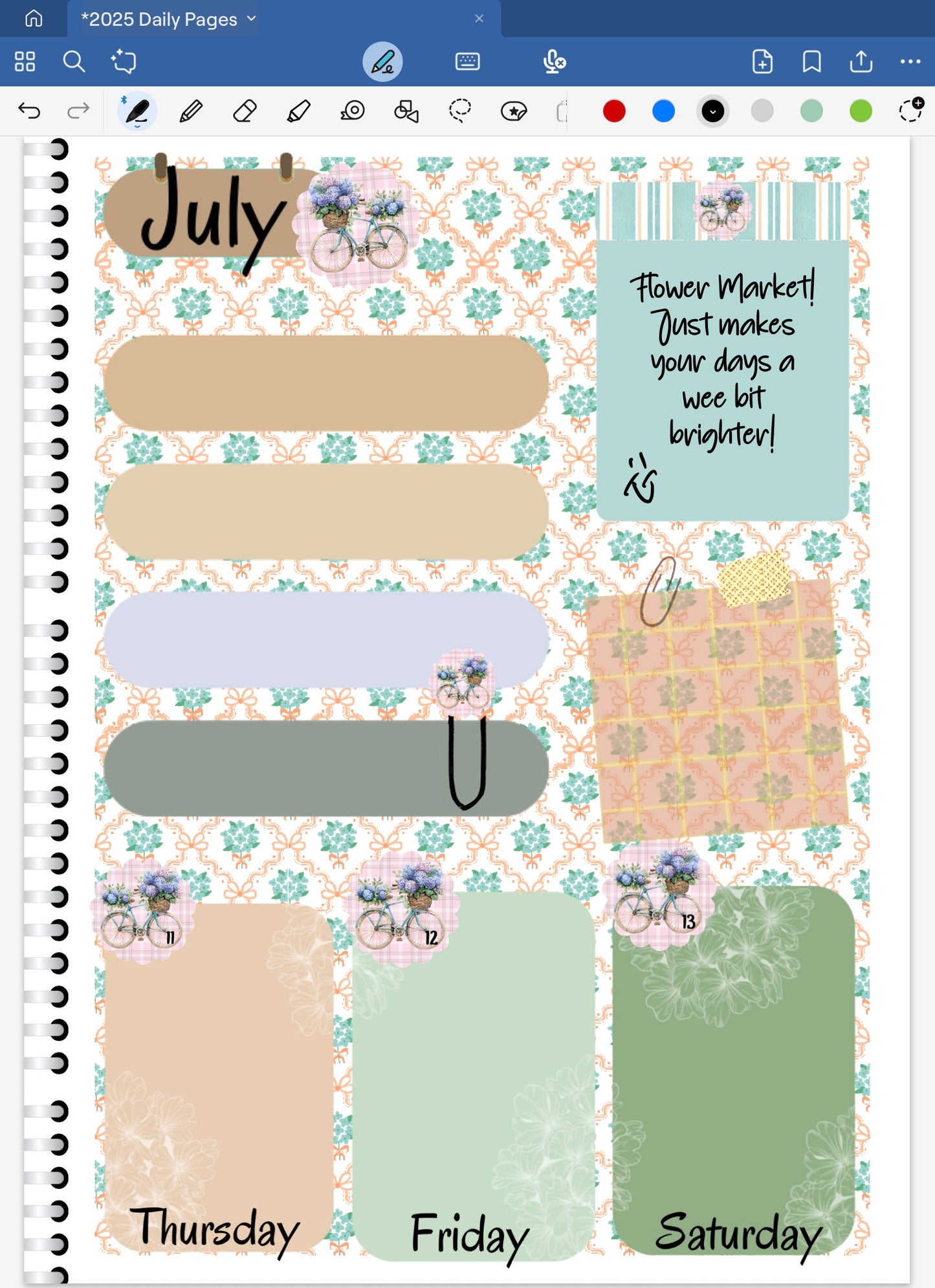 Goodnotes Digital Planner spread only using date dots, stickers and coordinating patterned deco paper from the Flower Market Digital Sticker Bundle.