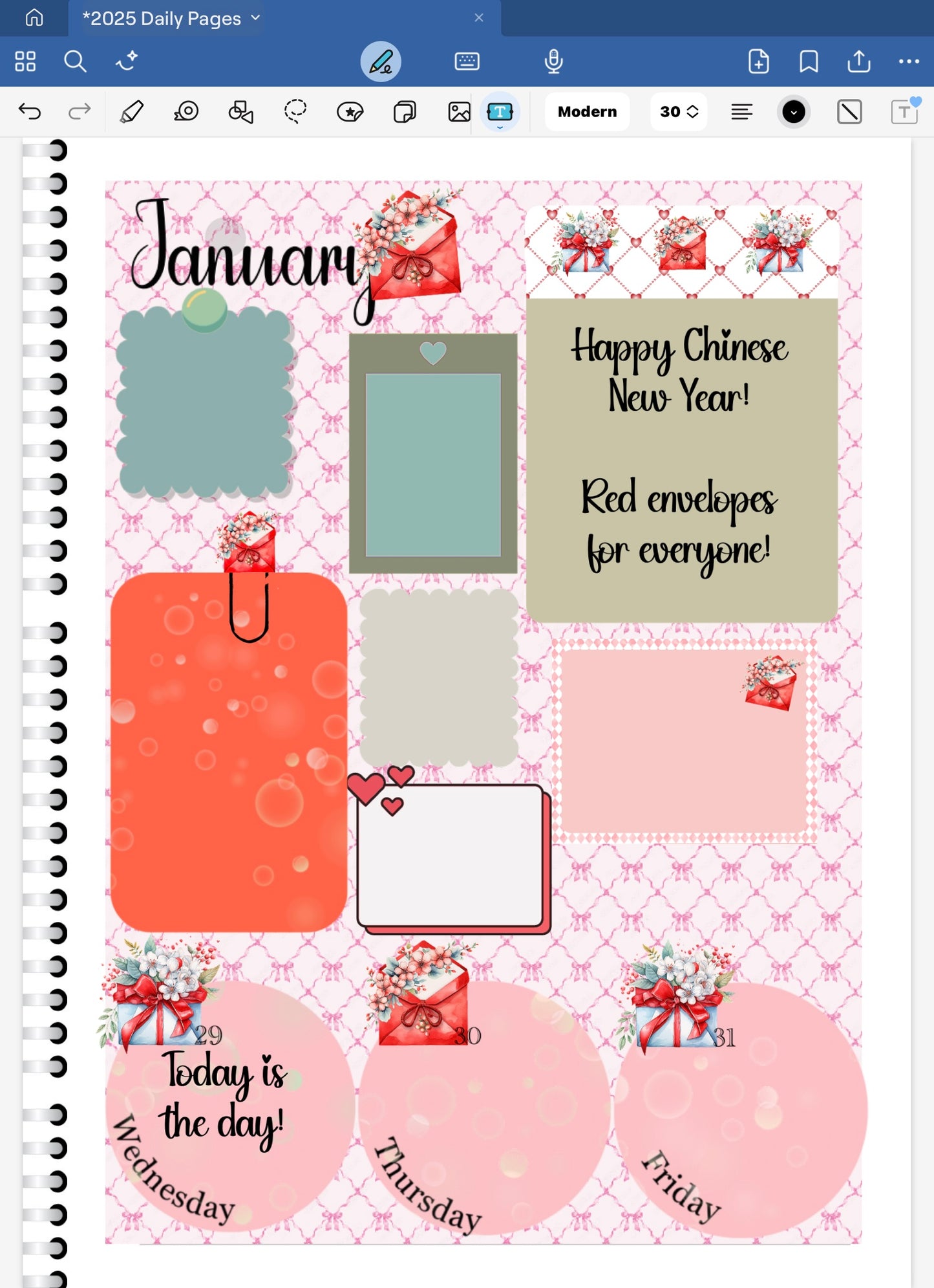 Goodnotes Digital Planner with Letter Love or Chinese New Year ddate dots and coordinating decorative stickers.